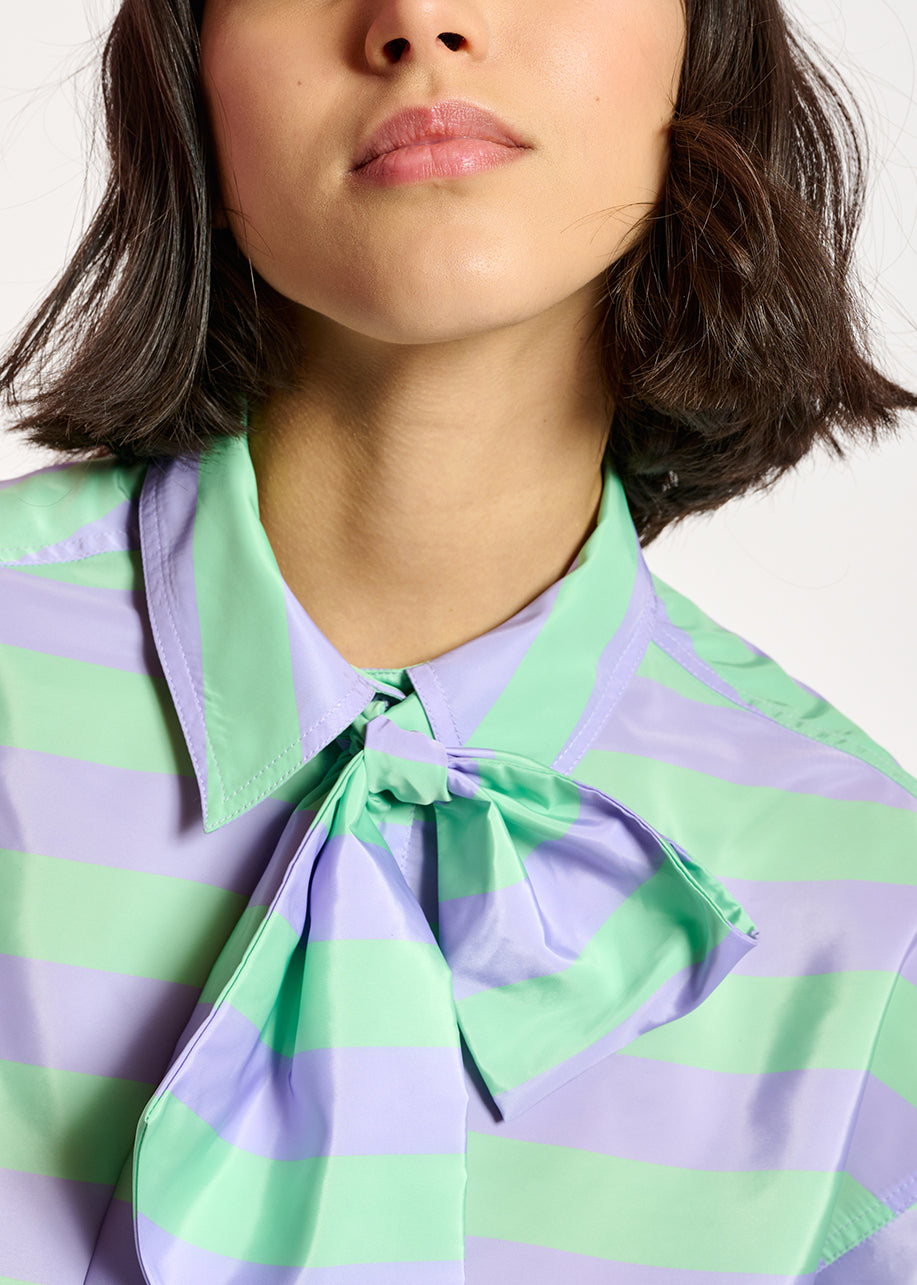 Lilac and mint green striped shirt with pussy bow RE—SSENTIEL | Essentiel second hand