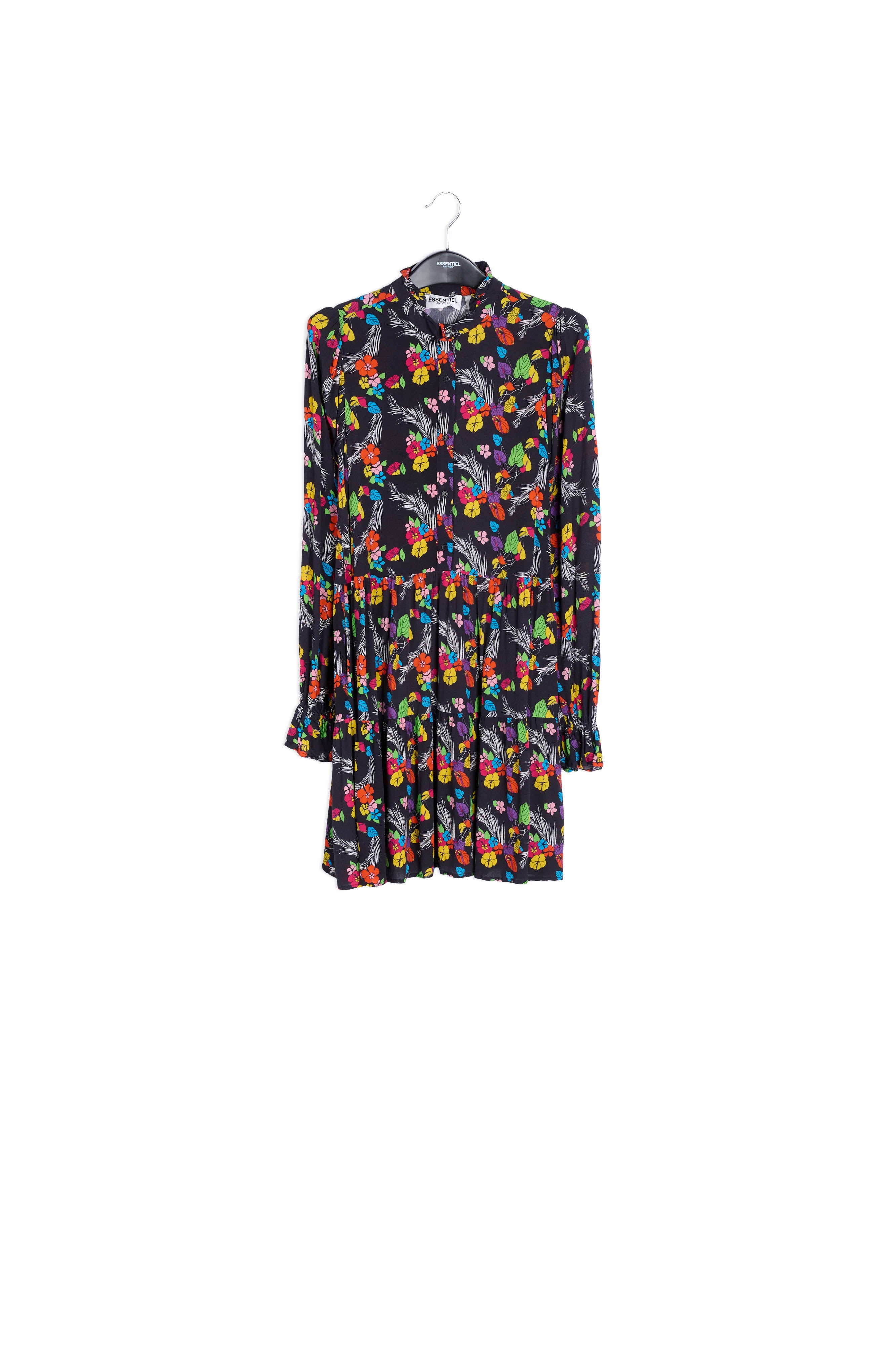 Zwarte mini-jurk met tropische print RE—SSENTIEL | Essentiel second hand