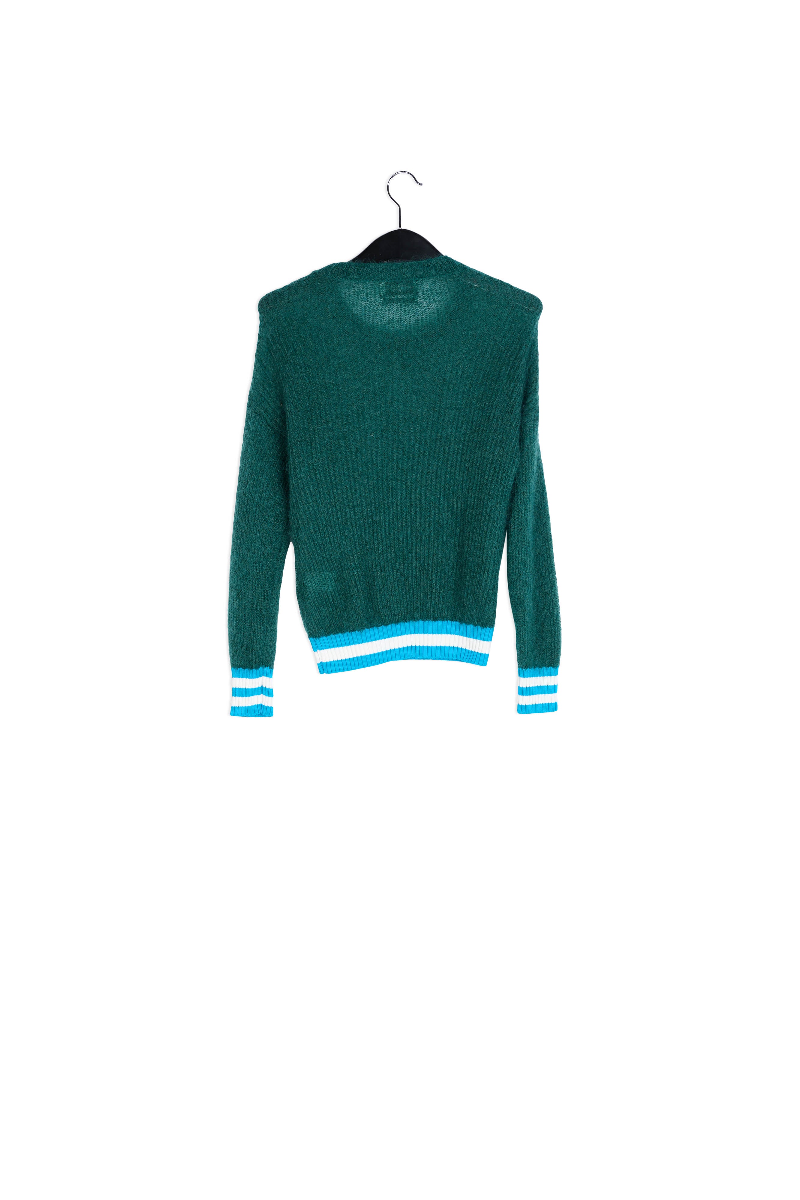 Pull rose clair avec bords à rayures jaunes et blanches RE—SSENTIEL | Essentiel second hand