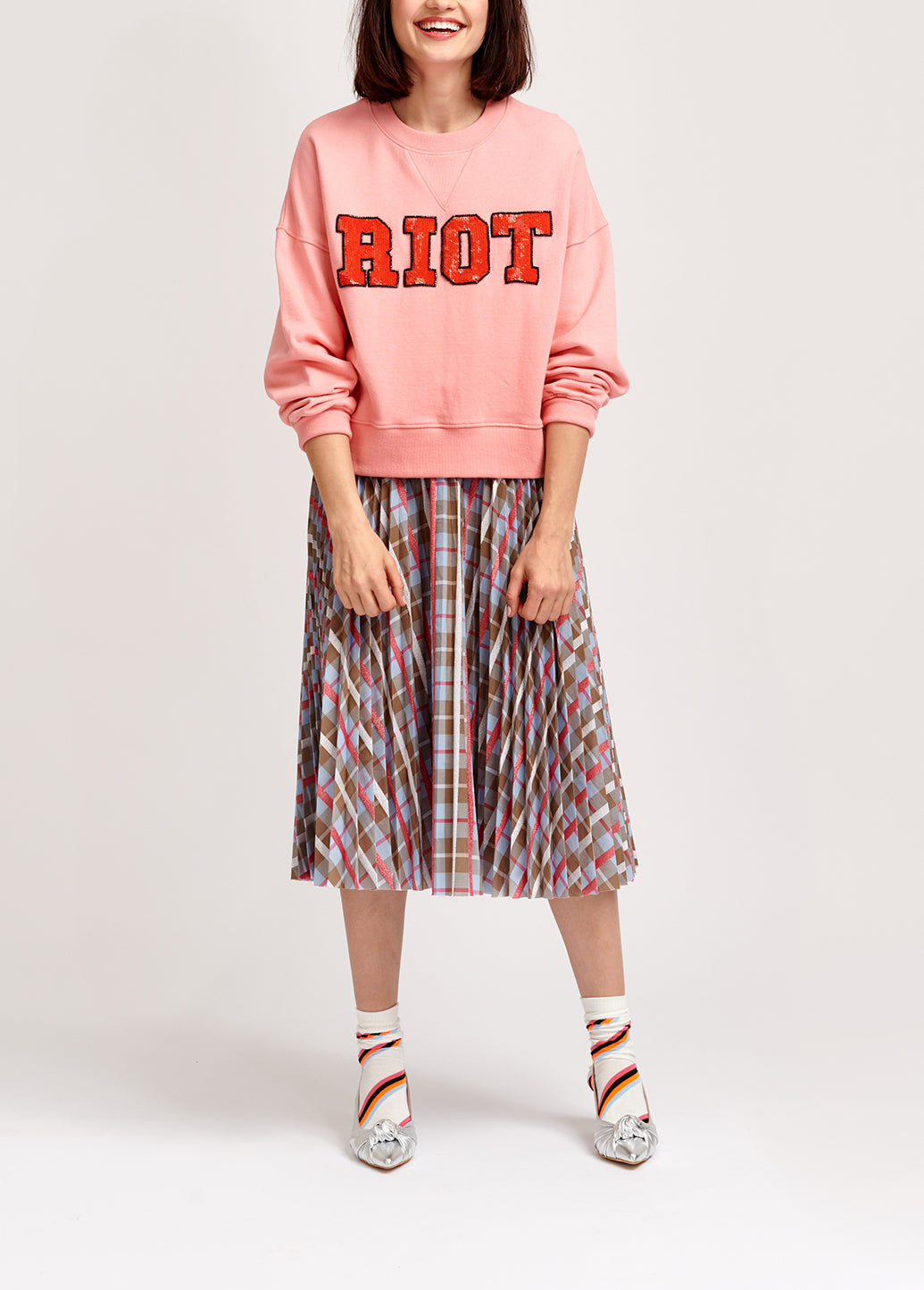 Beige and blue plaid cotton-blend pleated skirt RE—SSENTIEL | Essentiel second hand