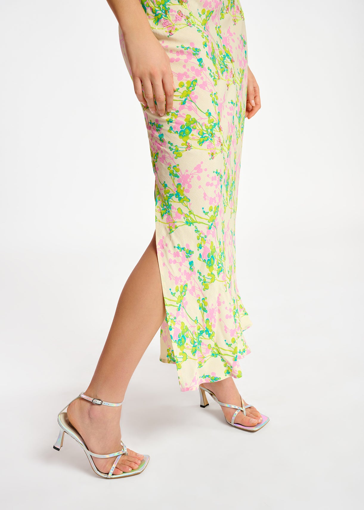 Ecru, pink and lime green floral print maxi-length slip dress RE—SSENTIEL | Essentiel second hand