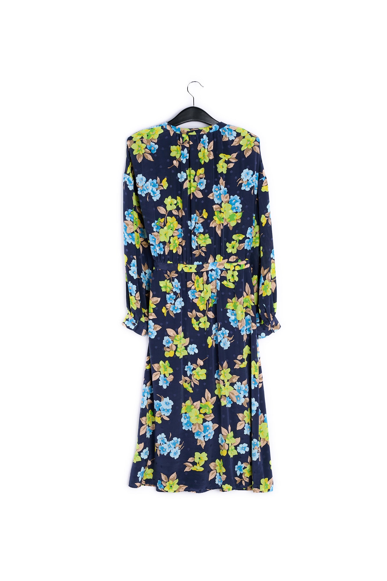 Donkerblauwe zijden hemdjurk met bloemen en stippen RE—SSENTIEL | Essentiel second hand