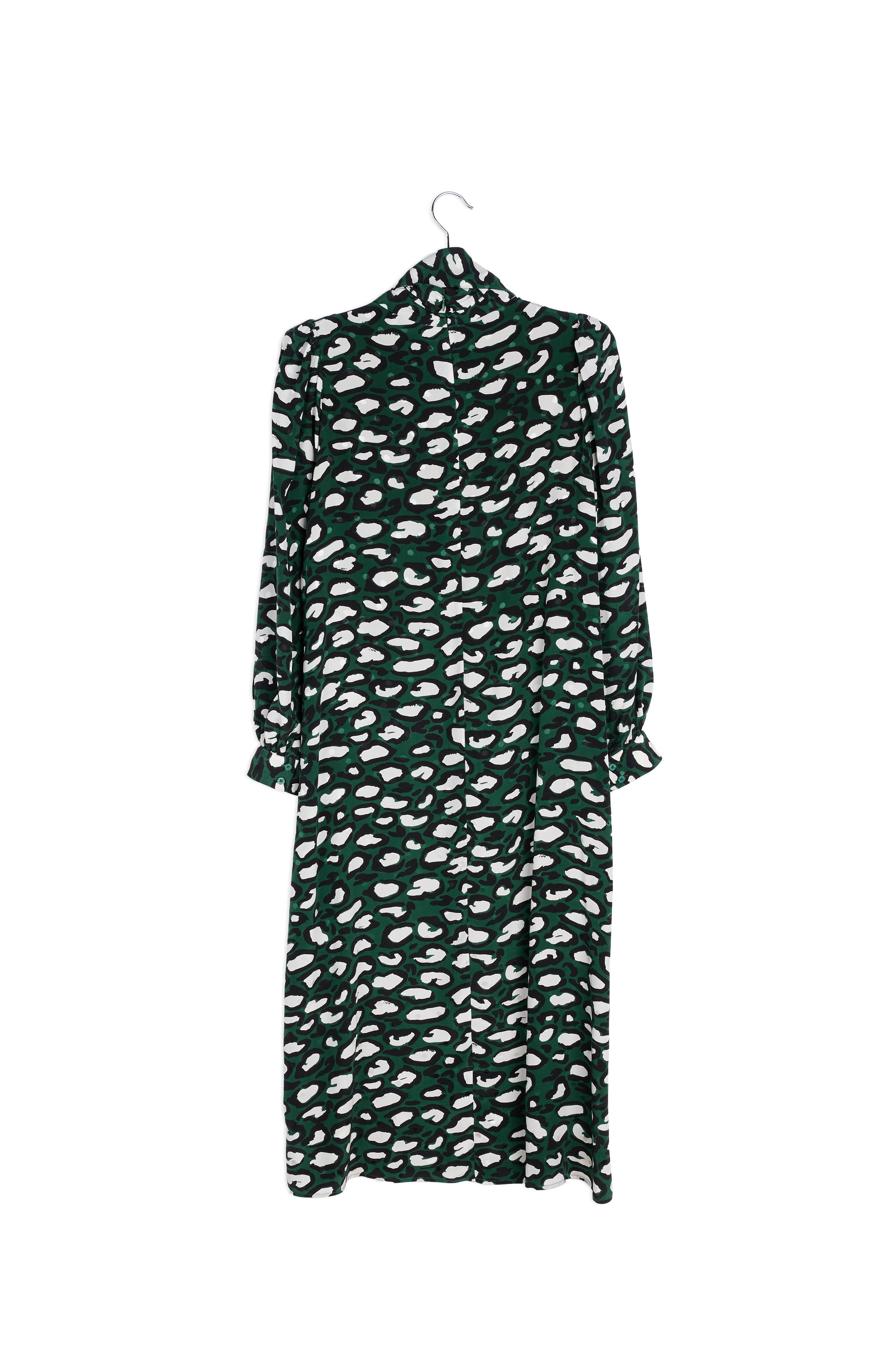 Flesgroene zijden midi-jurk met opstaande kraag en luipaardprint RE—SSENTIEL | Essentiel second hand