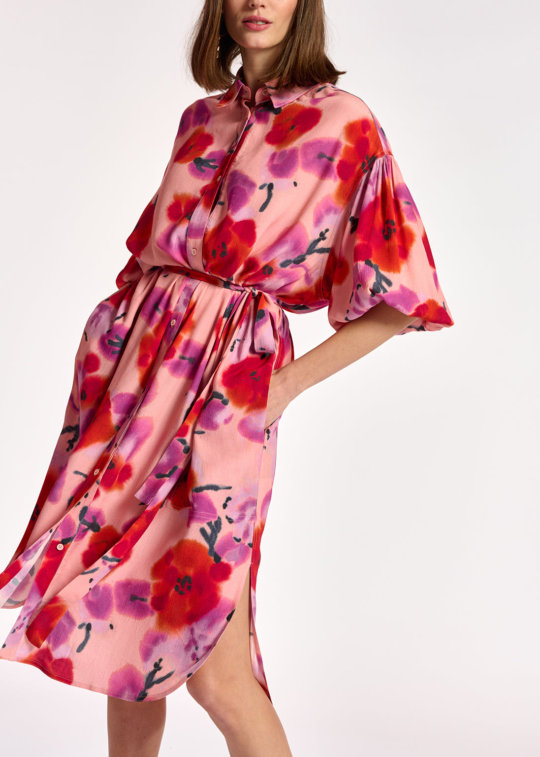 Light pink, red and purple floral-print shirt dress RE—SSENTIEL | Essentiel second hand