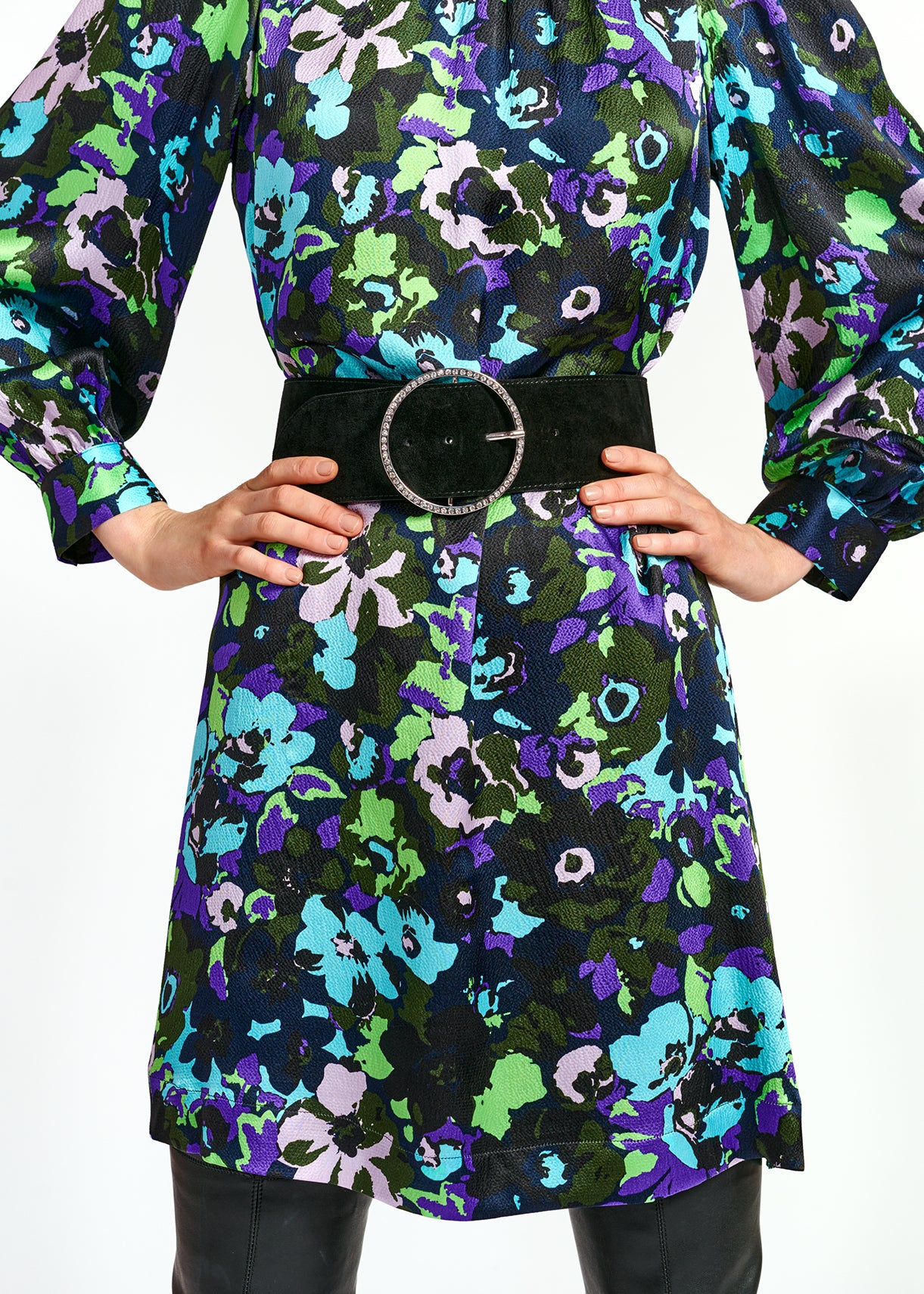 Marineblauwe zijden mini-jurk met bloemenprint RE—SSENTIEL | Essentiel second hand