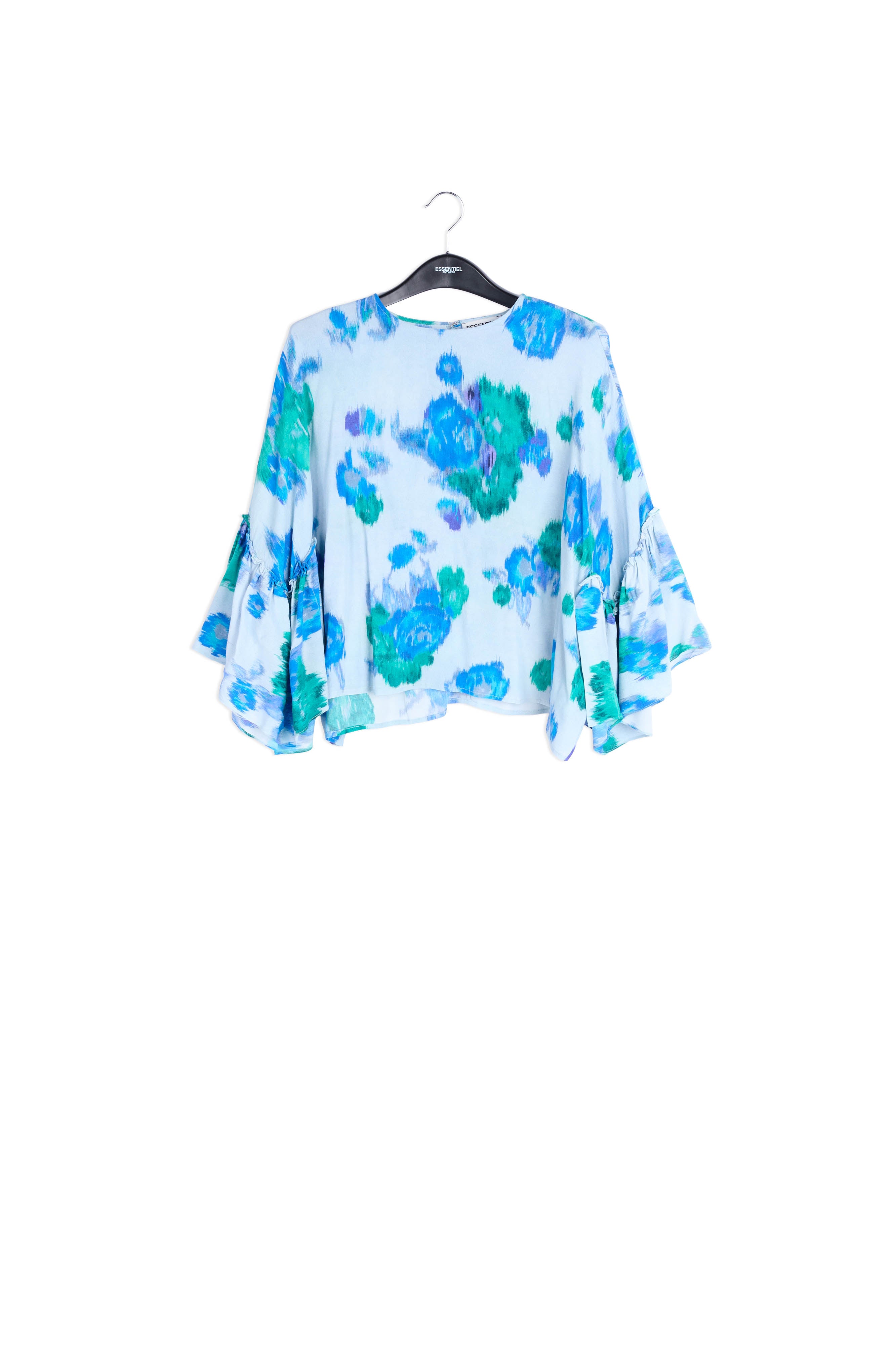 Lichtblauwe, blauwe en groene bloementop met volant RE—SSENTIEL | Essentiel second hand
