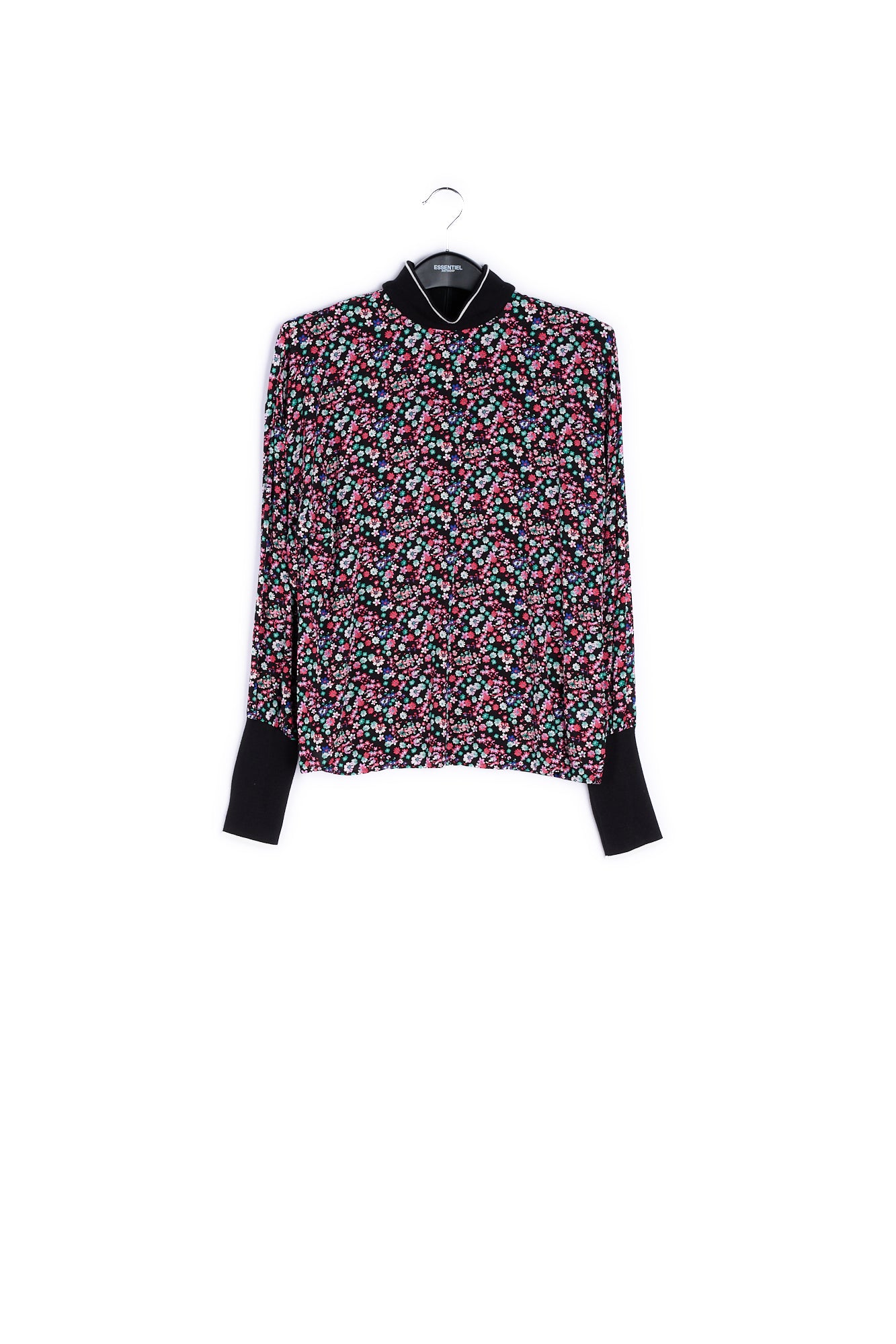 Black floral-print top with contrasting trims RE—SSENTIEL | Essentiel second hand