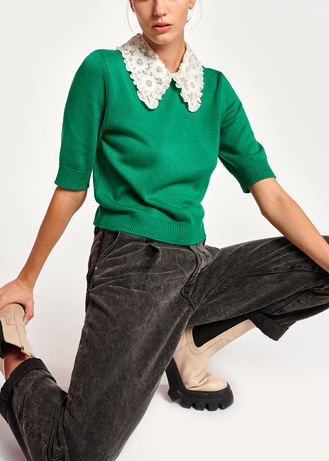 Green sweater with lace and pearl-embroidered collar RE—SSENTIEL | Essentiel second hand