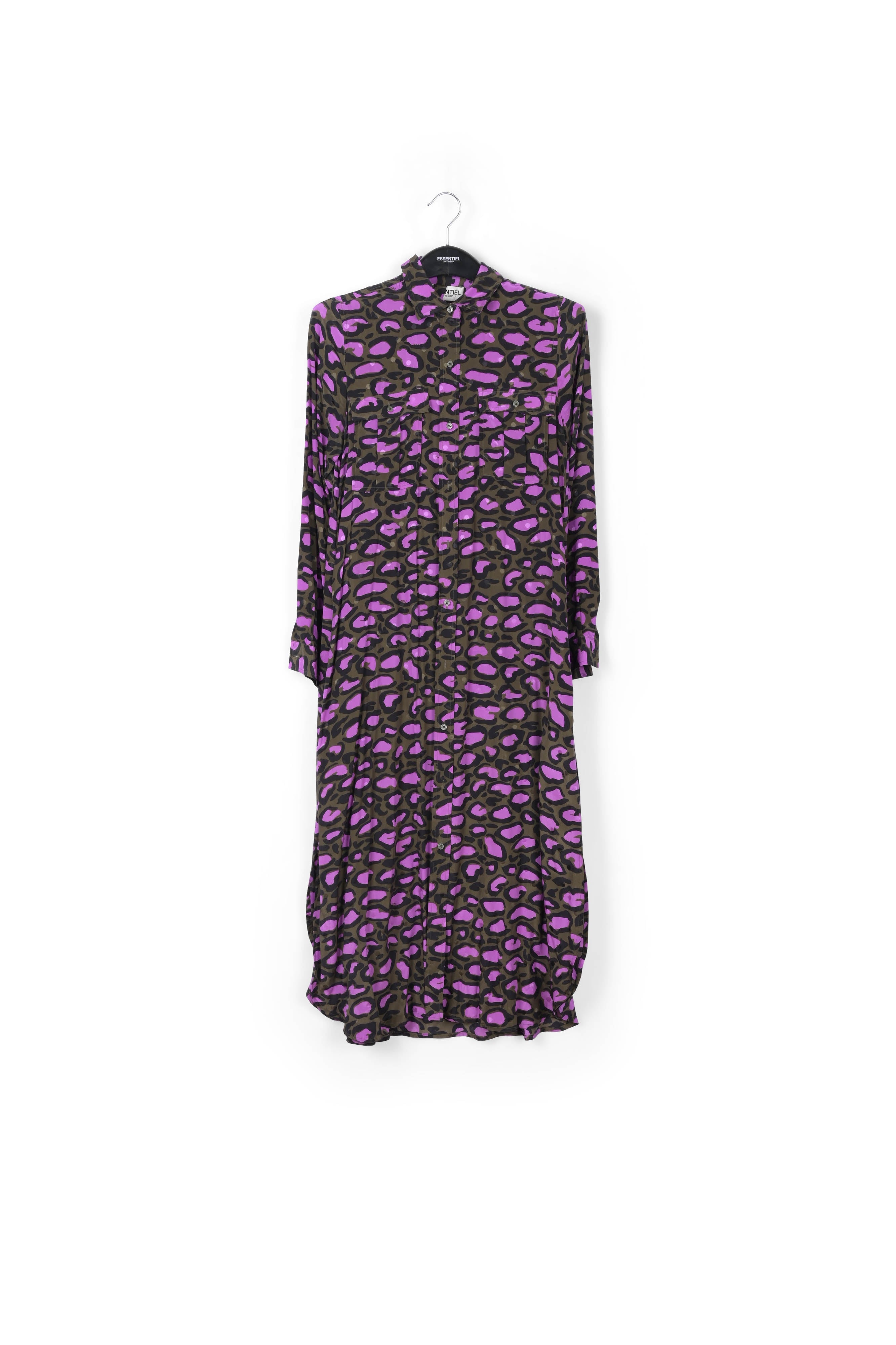 Robe chemise en soie vert kaki à imprimé léopard RE—SSENTIEL | Essentiel second hand