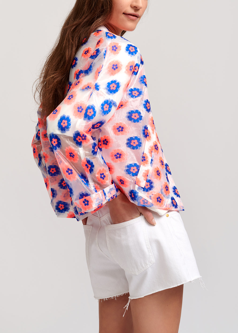 Veste transparente à fleurs rose fluo et bleu RE—SSENTIEL | Essentiel second hand