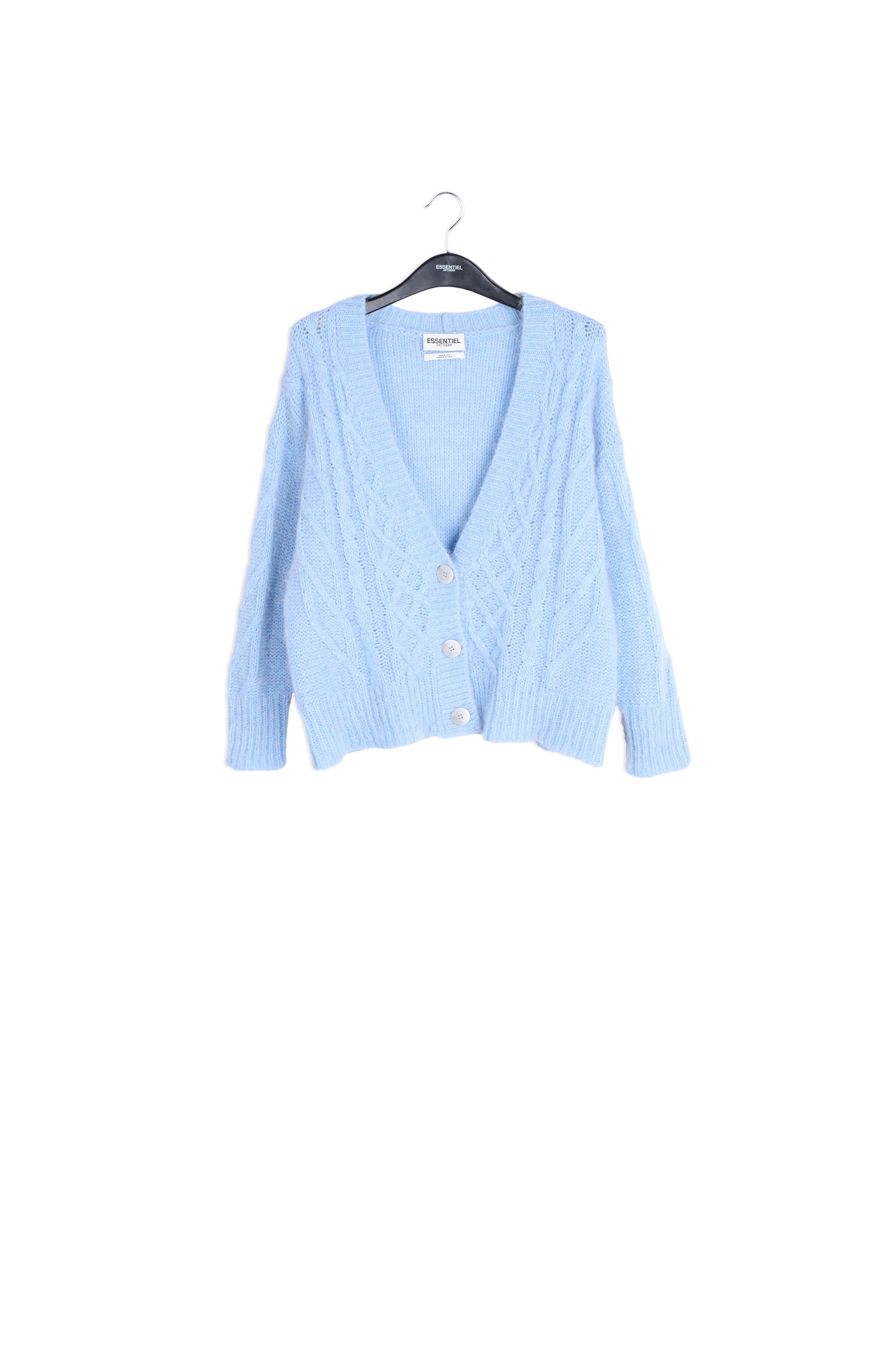 Cardigan bleu clair à col en v en maille torsadée RE—SSENTIEL | Essentiel second hand