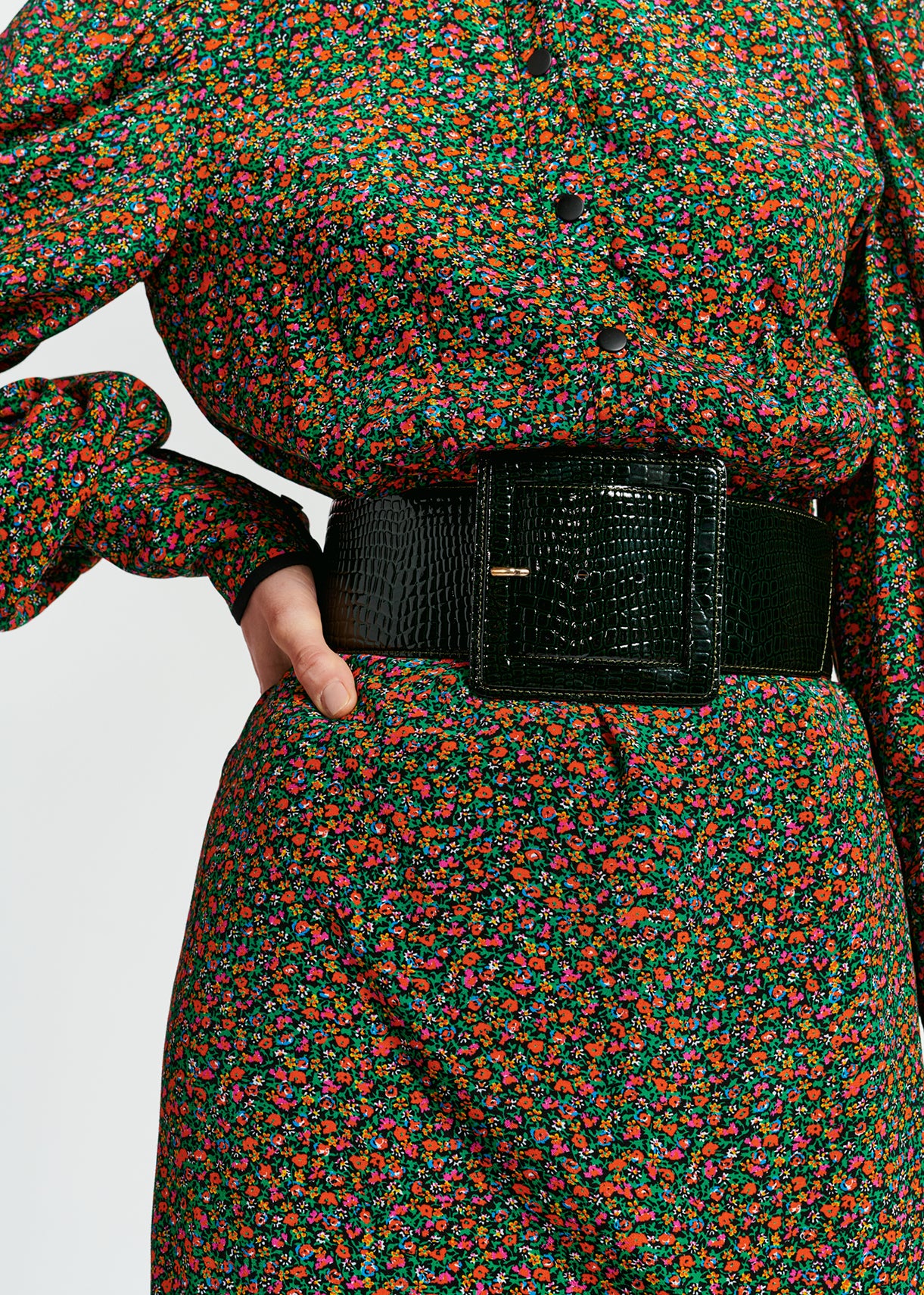 Midi-jurk met kaki en oranje bloemenprint RE—SSENTIEL | Essentiel second hand