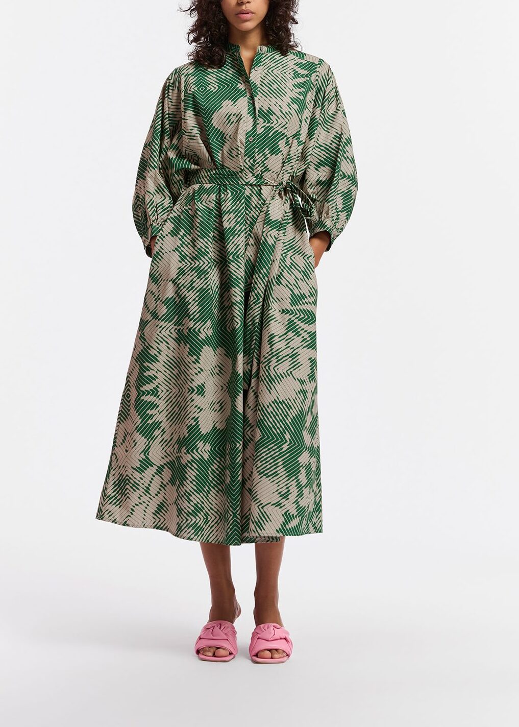 Beige and dark green maxi-length dress with geometric print RE—SSENTIEL | Essentiel second hand