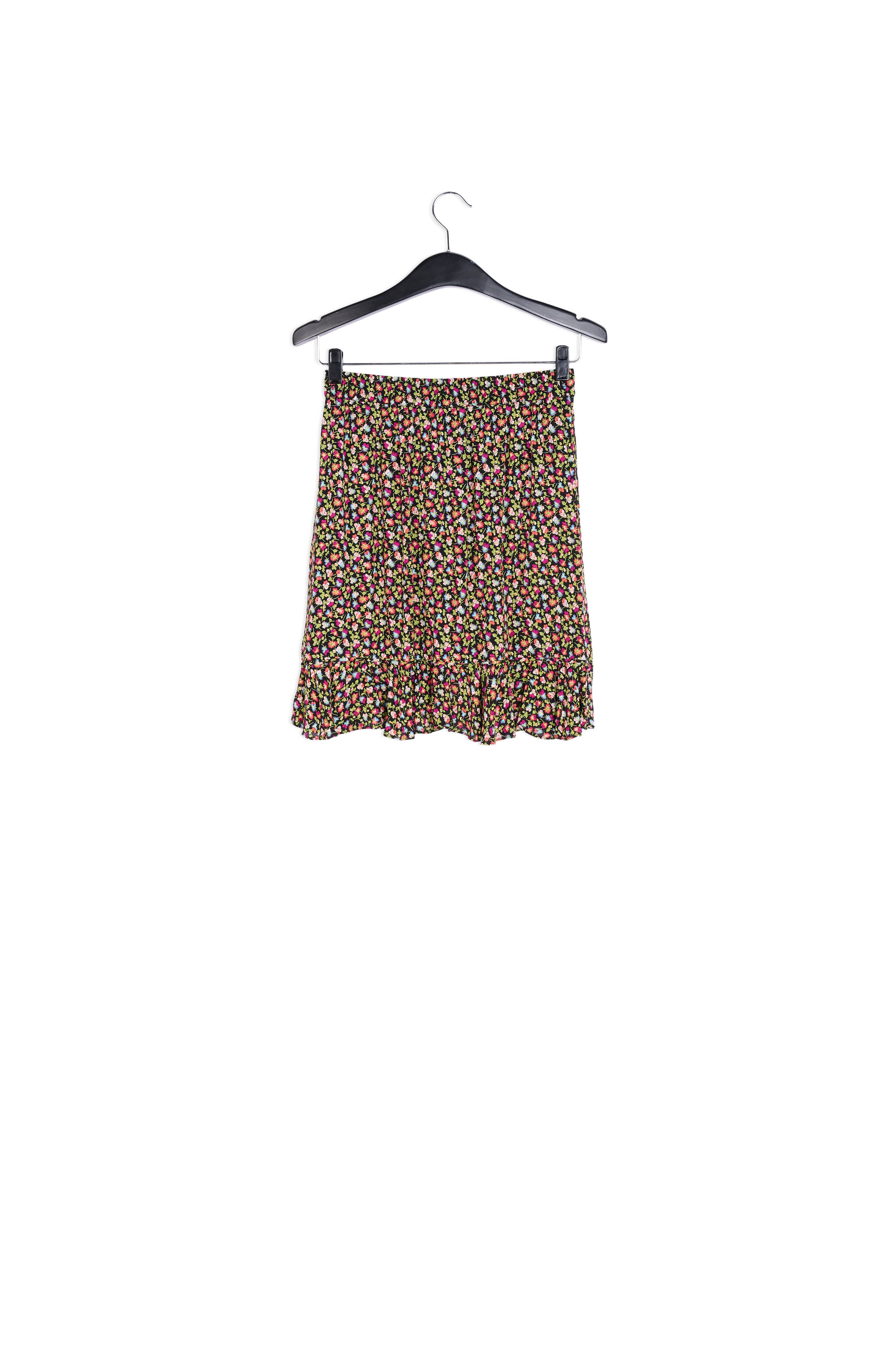 Mini-wikkelrok met zwarte, lichtgroene en fuchsia bloemenprint RE—SSENTIEL | Essentiel second hand