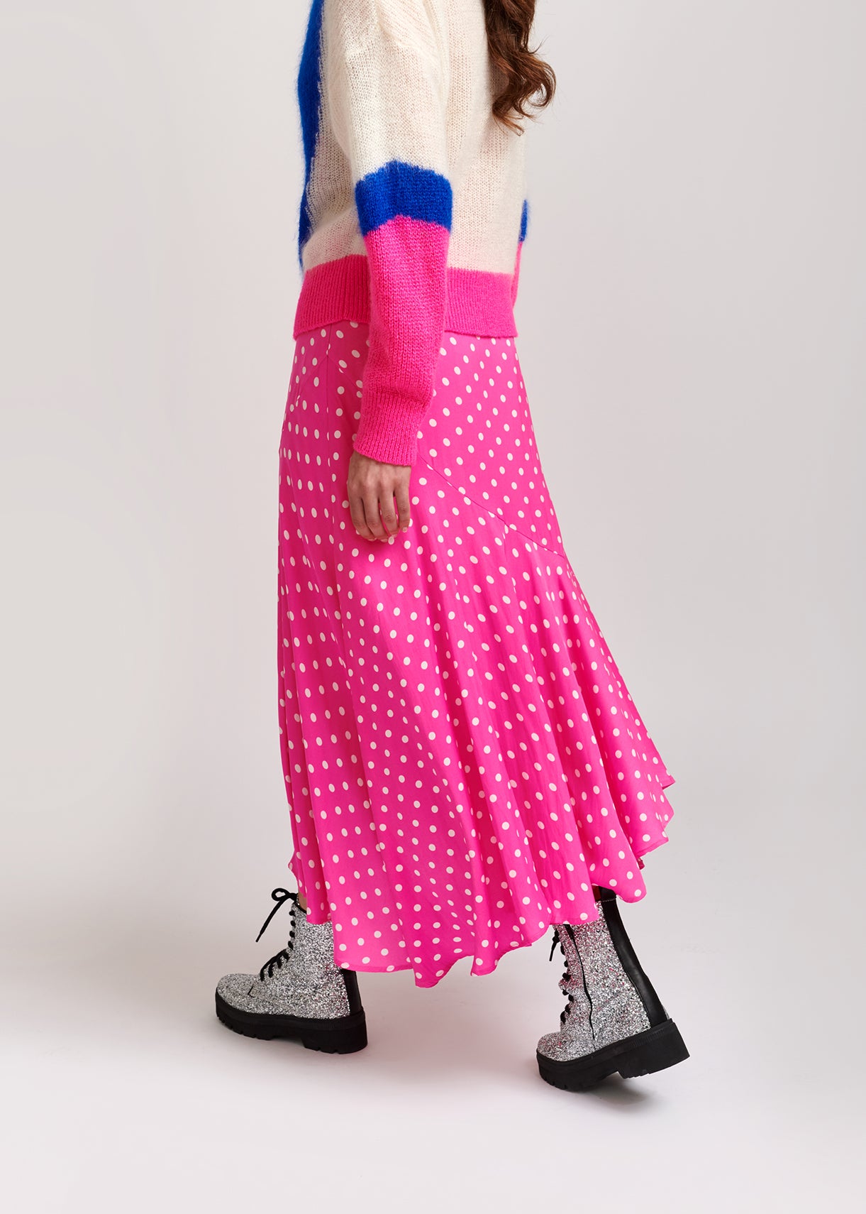 Jupe midi rose fluo à pois RE—SSENTIEL | Essentiel second hand
