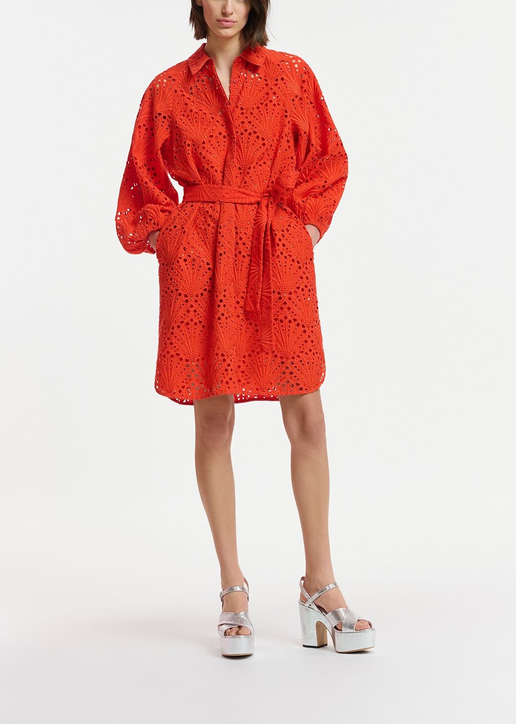 Red broderie anglaise cotton knee-length dress RE—SSENTIEL | Essentiel second hand