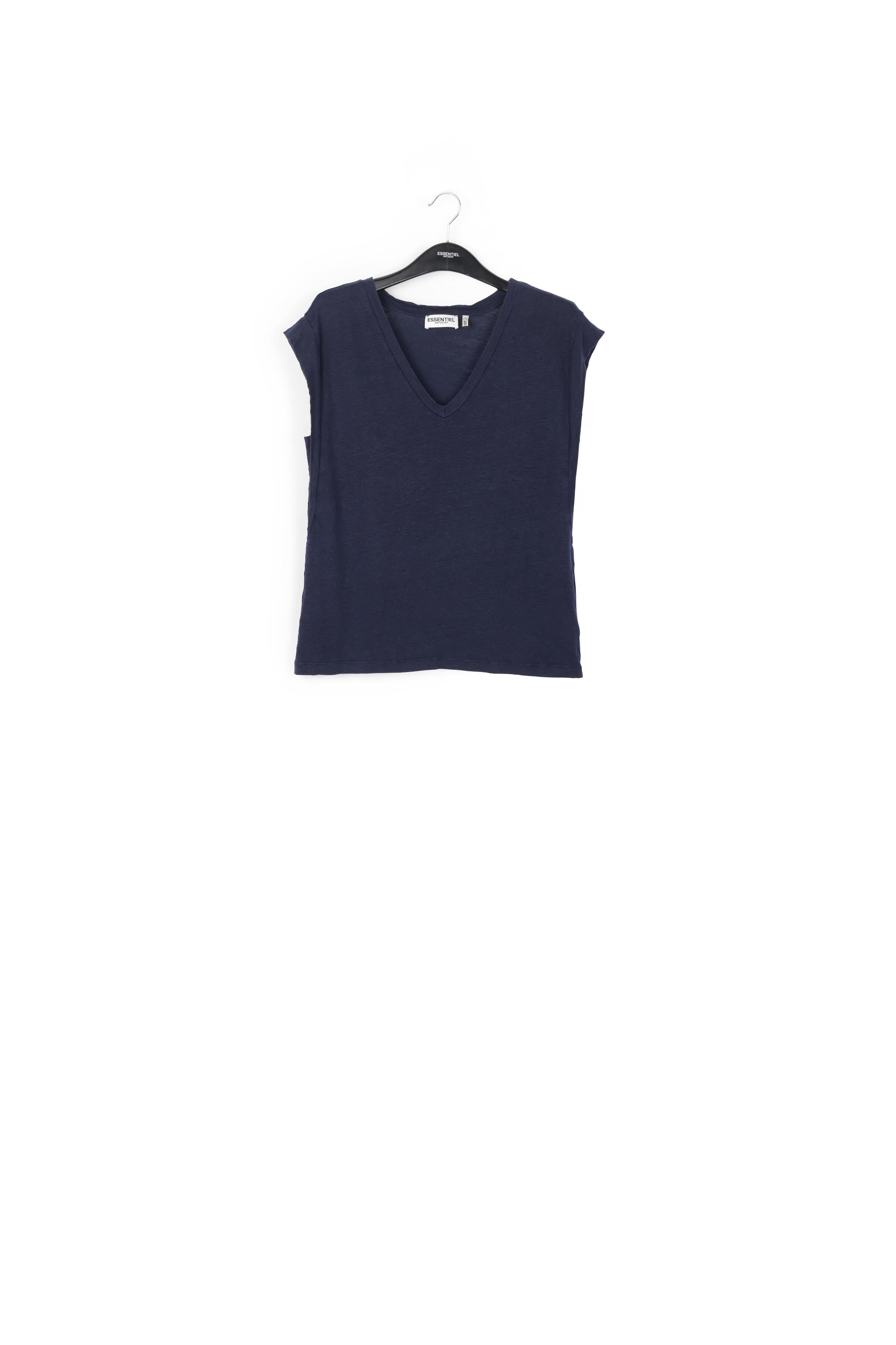 Dark blue linen V-neck T-Shirt RE—SSENTIEL | Essentiel second hand