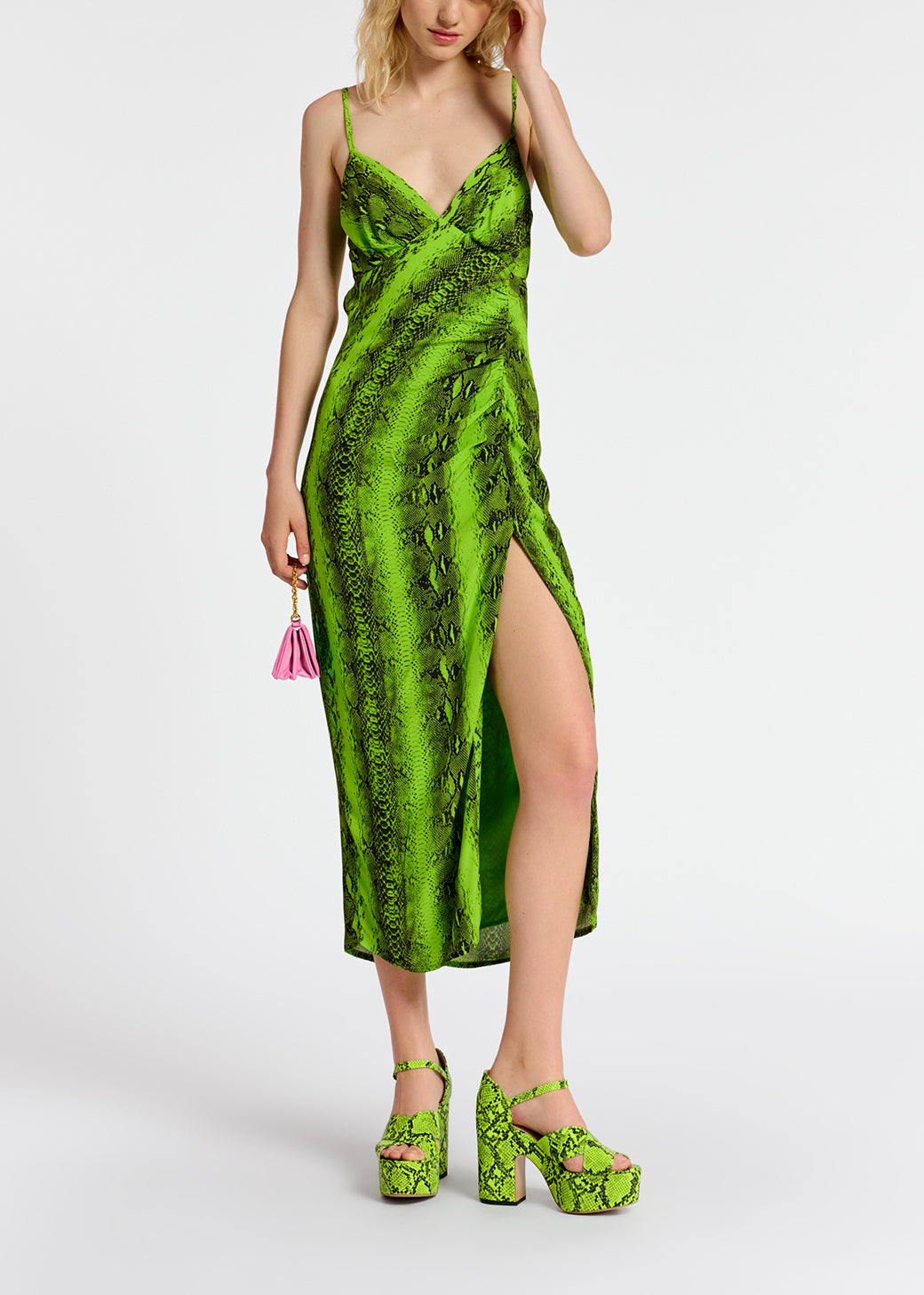 Lime green midi-length slip dress with snake print RE—SSENTIEL | Essentiel second hand