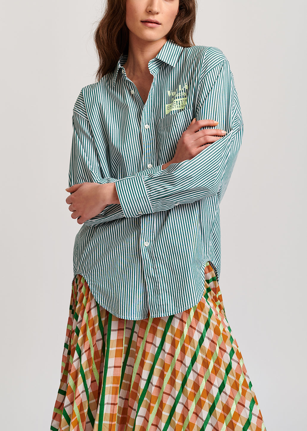 Beige and green plaid cotton-blend pleated skirt RE—SSENTIEL | Essentiel second hand