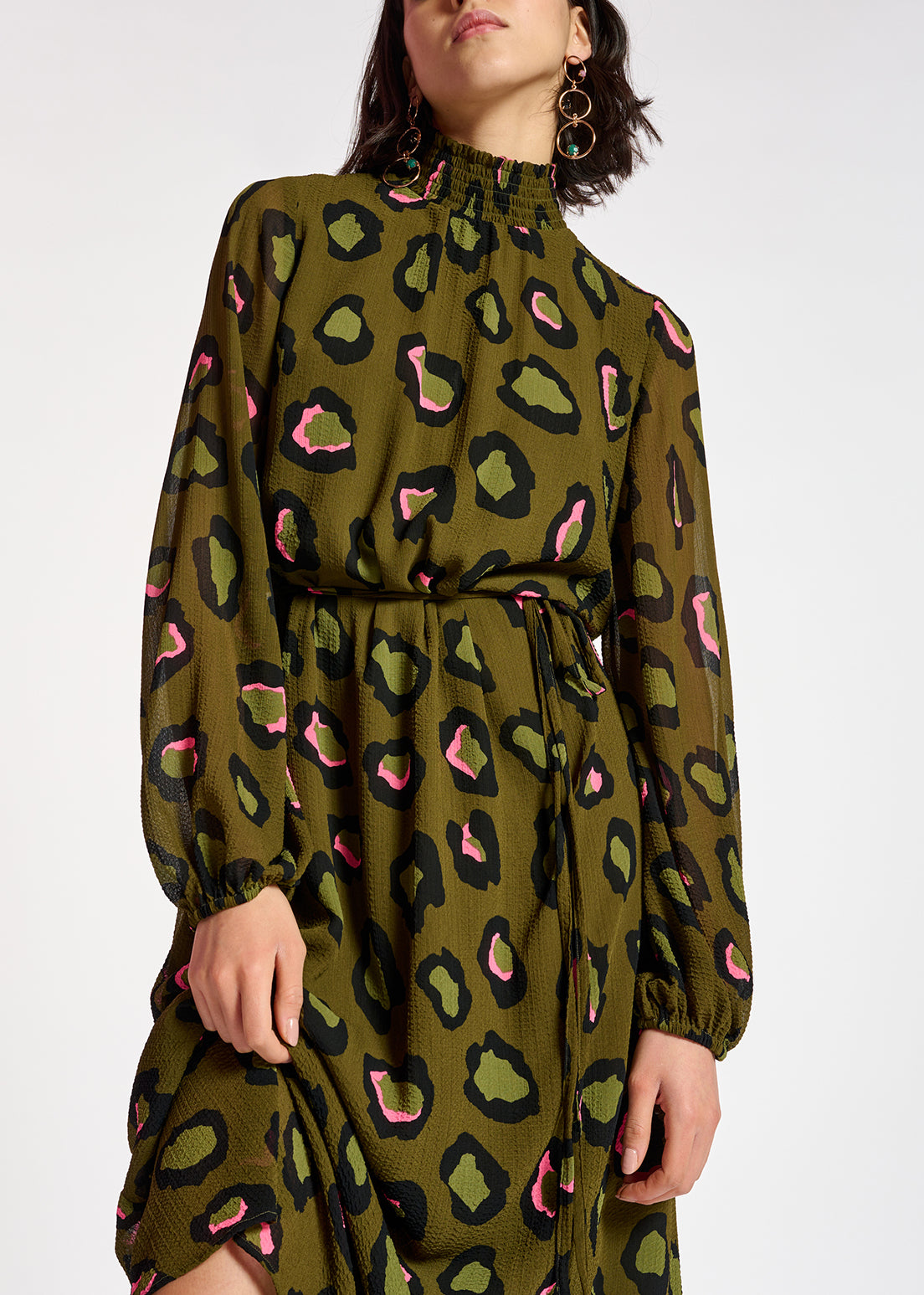 Khaki leopard-print midi-length dress RE—SSENTIEL | Essentiel second hand