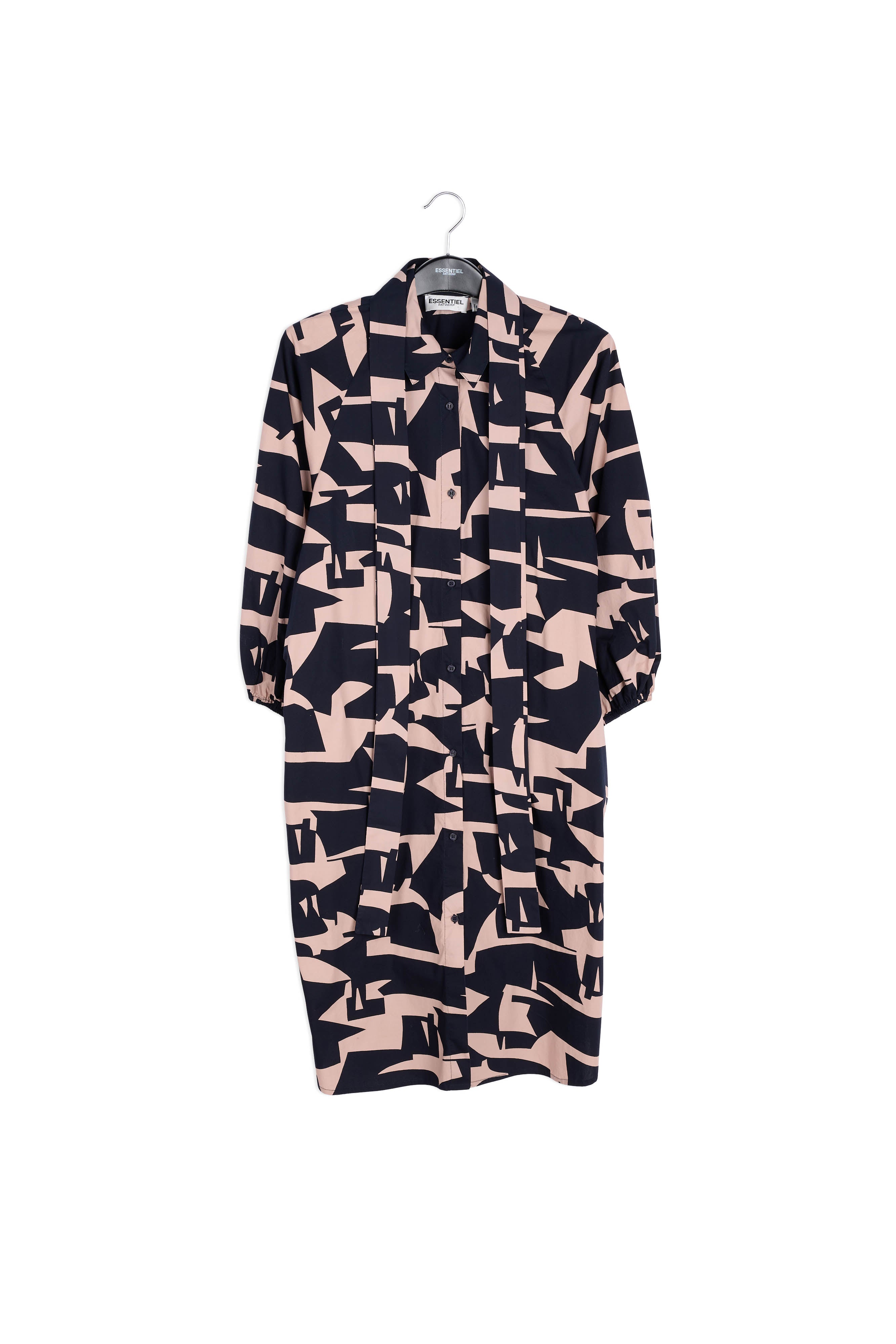 Dark blue and beige abstract print shirt dress RE—SSENTIEL | Essentiel second hand