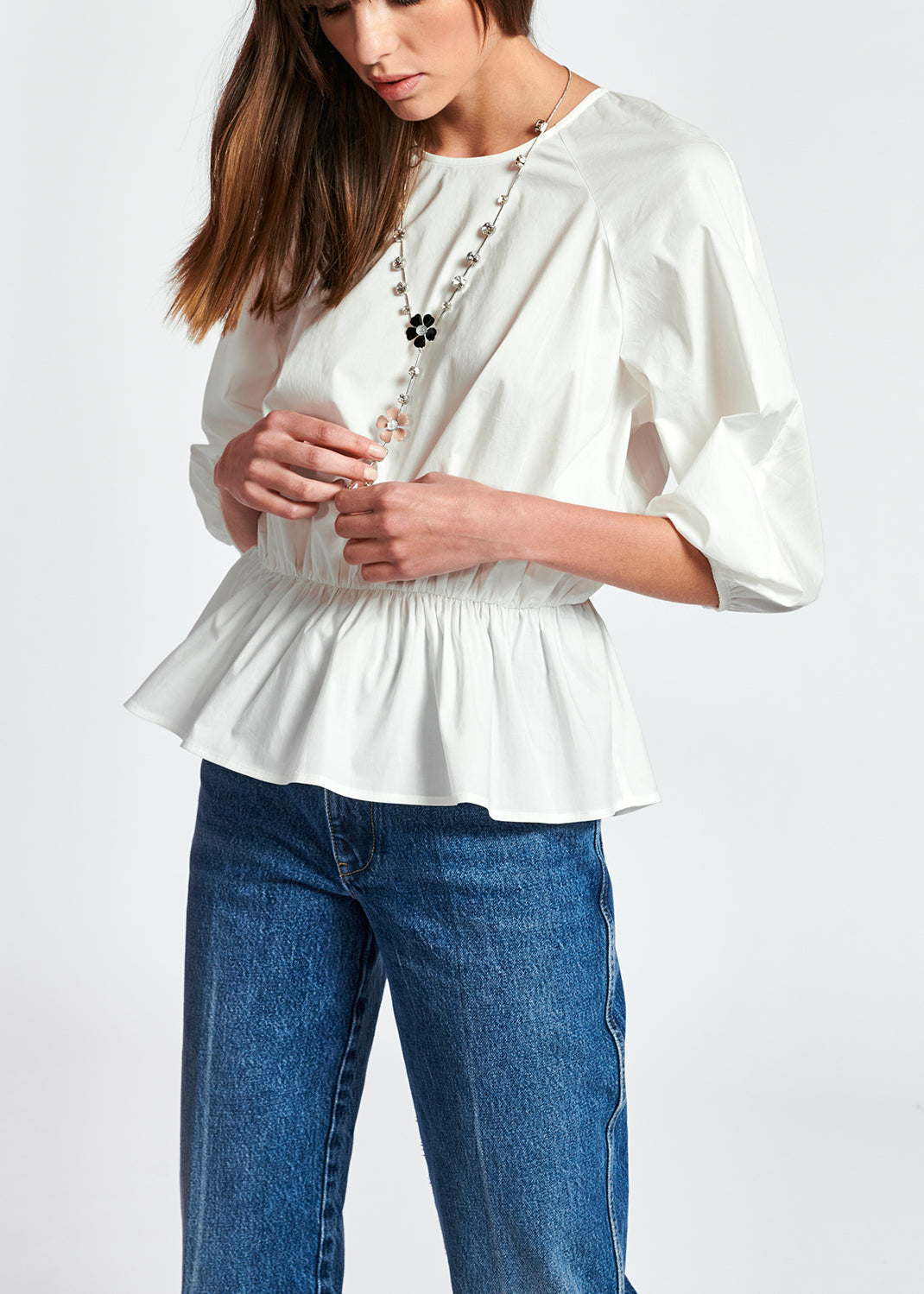 Witte peplumtop van popeline met bloemen RE—SSENTIEL | Essentiel second hand