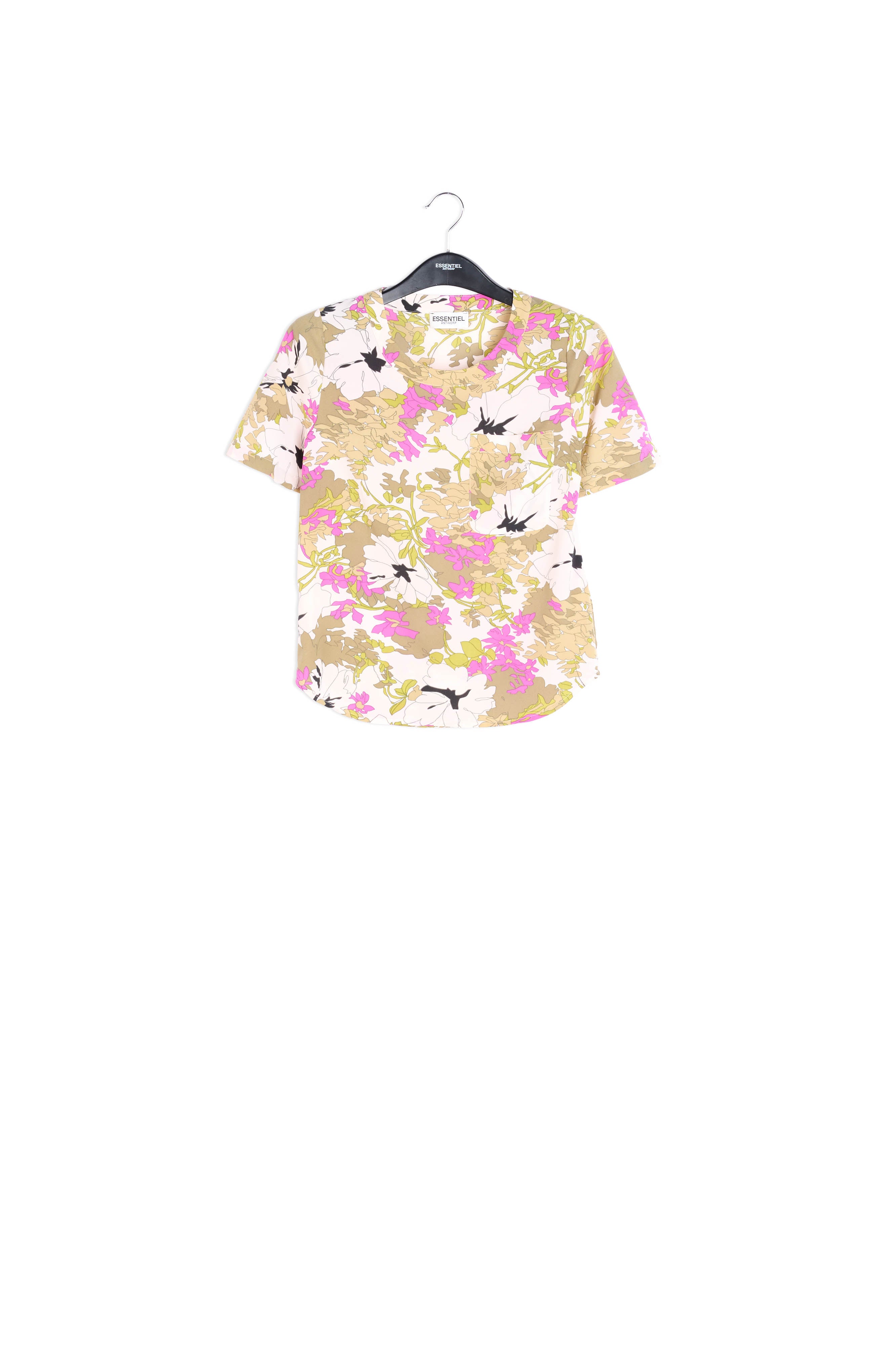 Khaki green, white and pink floral print top RE—SSENTIEL | Essentiel second hand