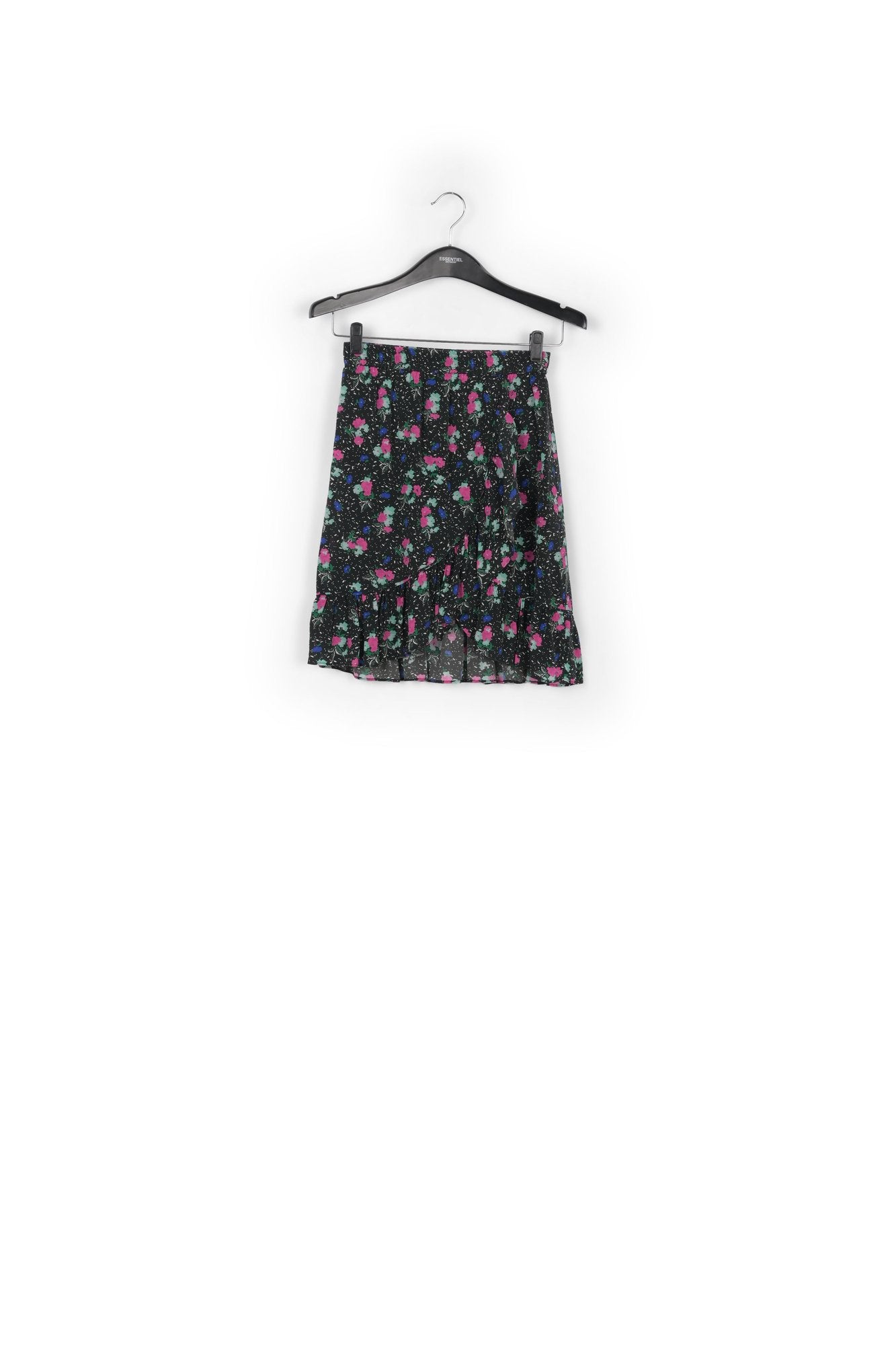 Zwarte witte minirok met bloemetjes en volant RE—SSENTIEL | Essentiel second hand