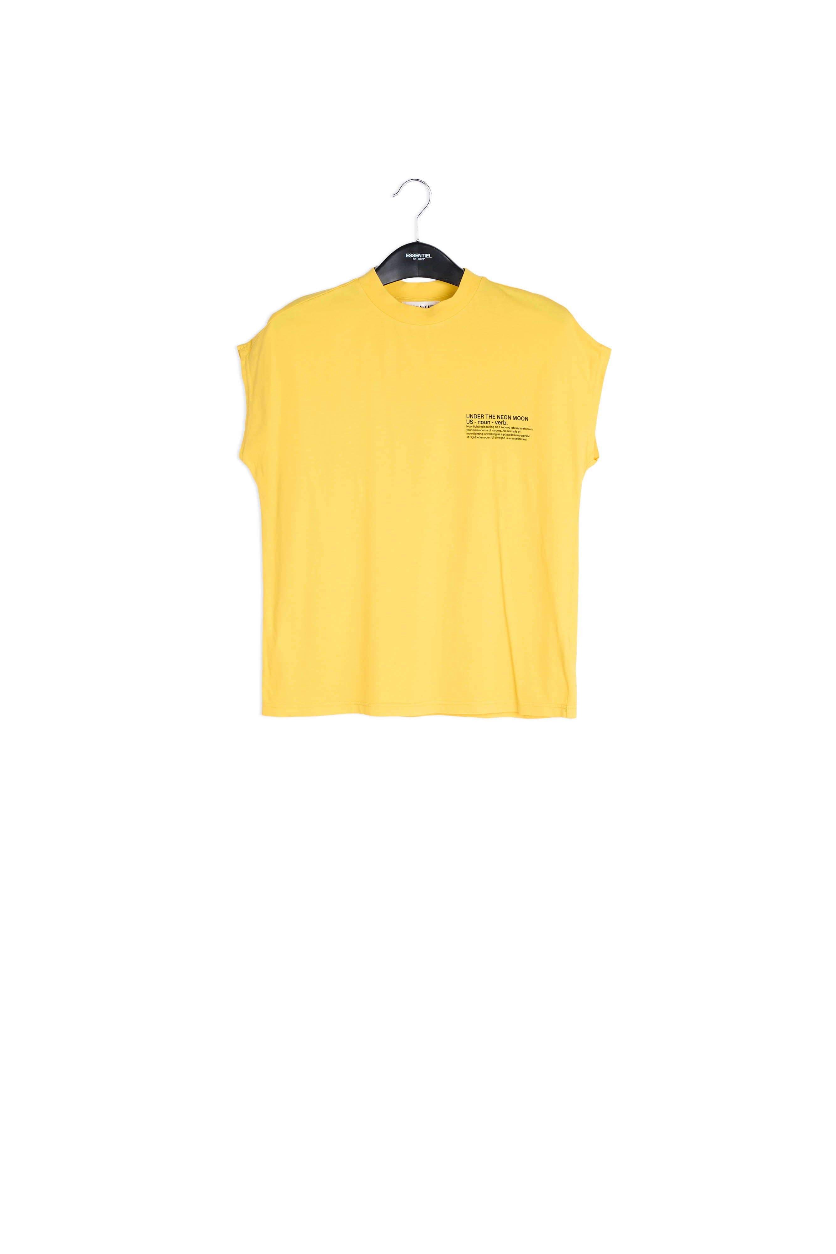 Yellow cotton T-shirt with lilac UNDER THE NEON MOON print RE—SSENTIEL | Essentiel second hand