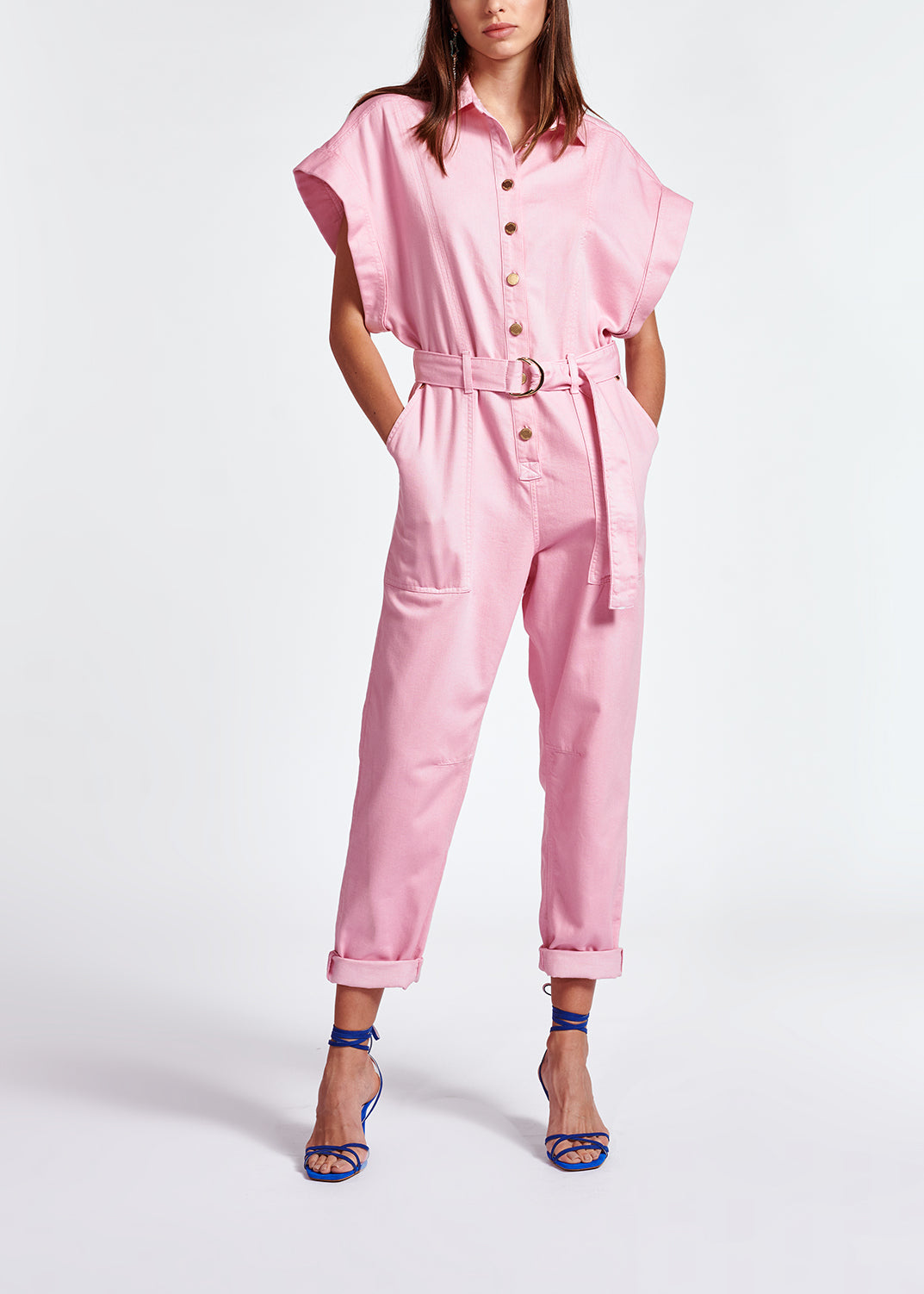 Light pink short-sleeved denim jumpsuit RE—SSENTIEL | Essentiel second hand