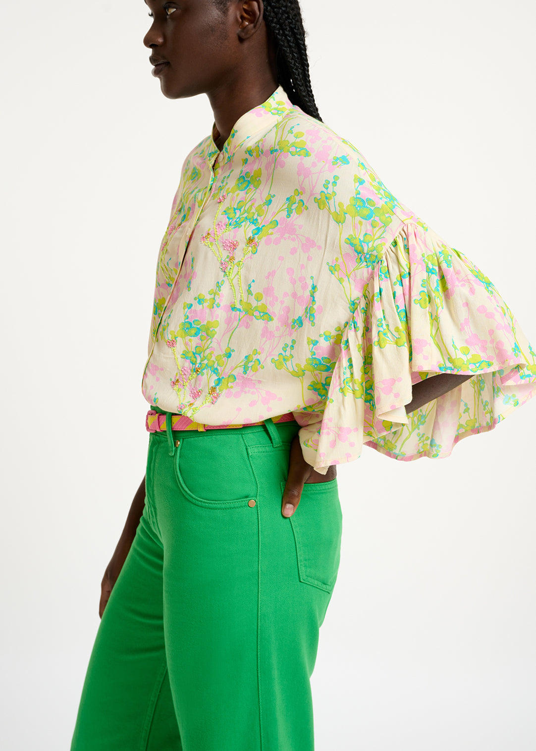 Ecru, pink and lime green floral print shirt RE—SSENTIEL | Essentiel second hand