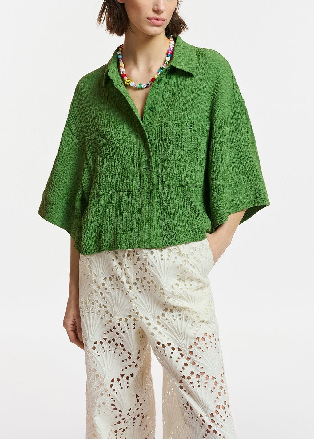 Dark green seersucker cropped shirt RE—SSENTIEL | Essentiel second hand