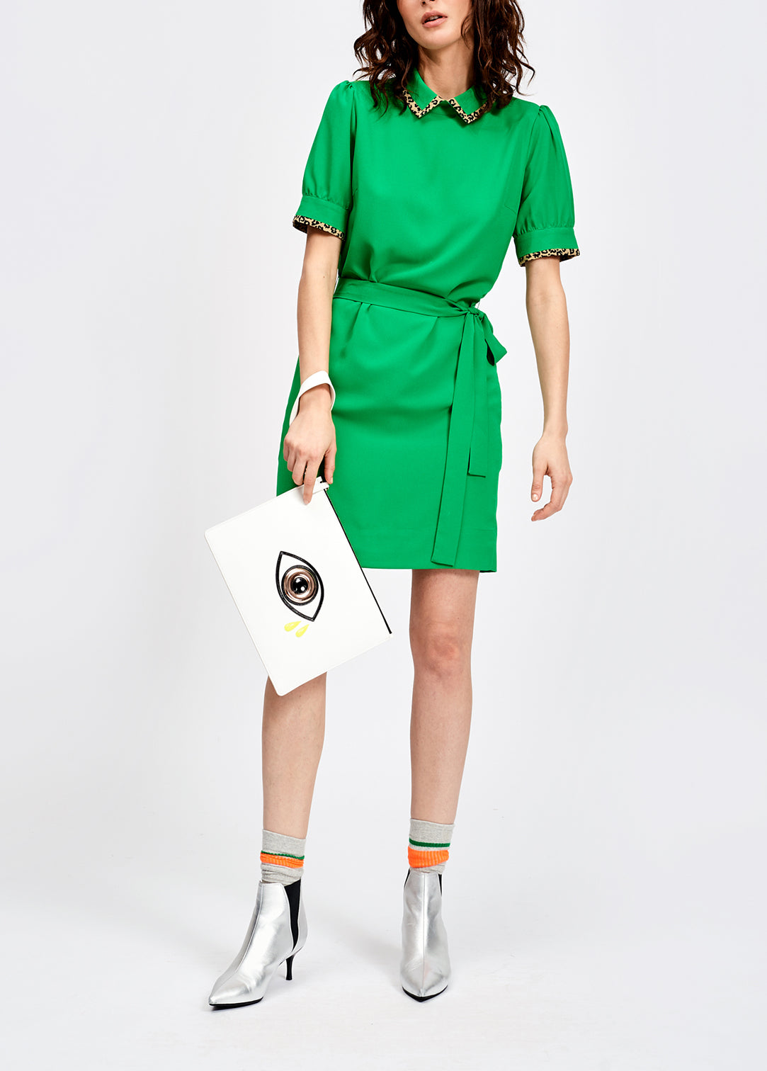 Green shirt dress with animal print trim RE—SSENTIEL | Essentiel second hand