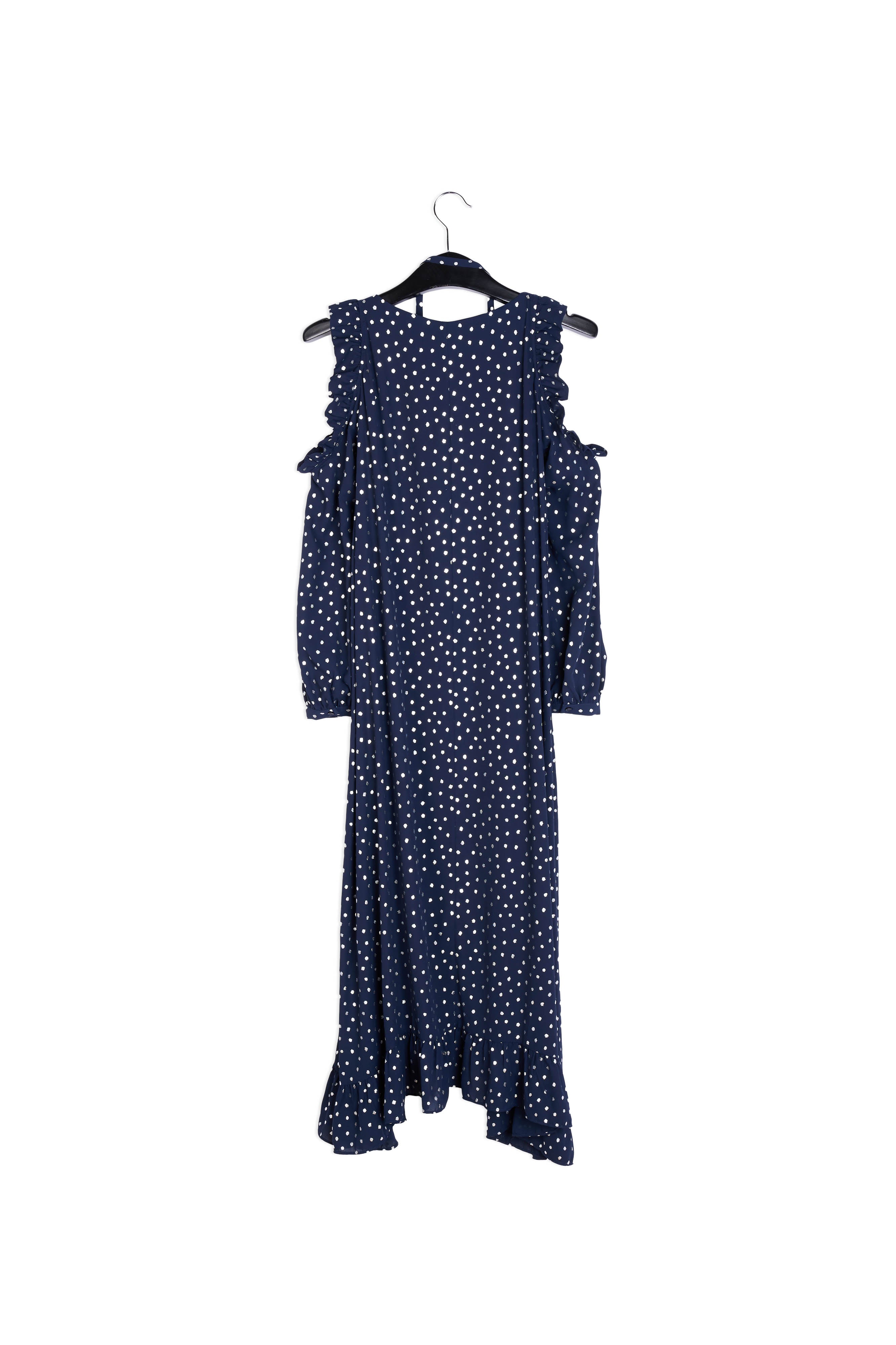 Dark blue open shoulder midi dress with silver polka dots RE—SSENTIEL | Essentiel second hand