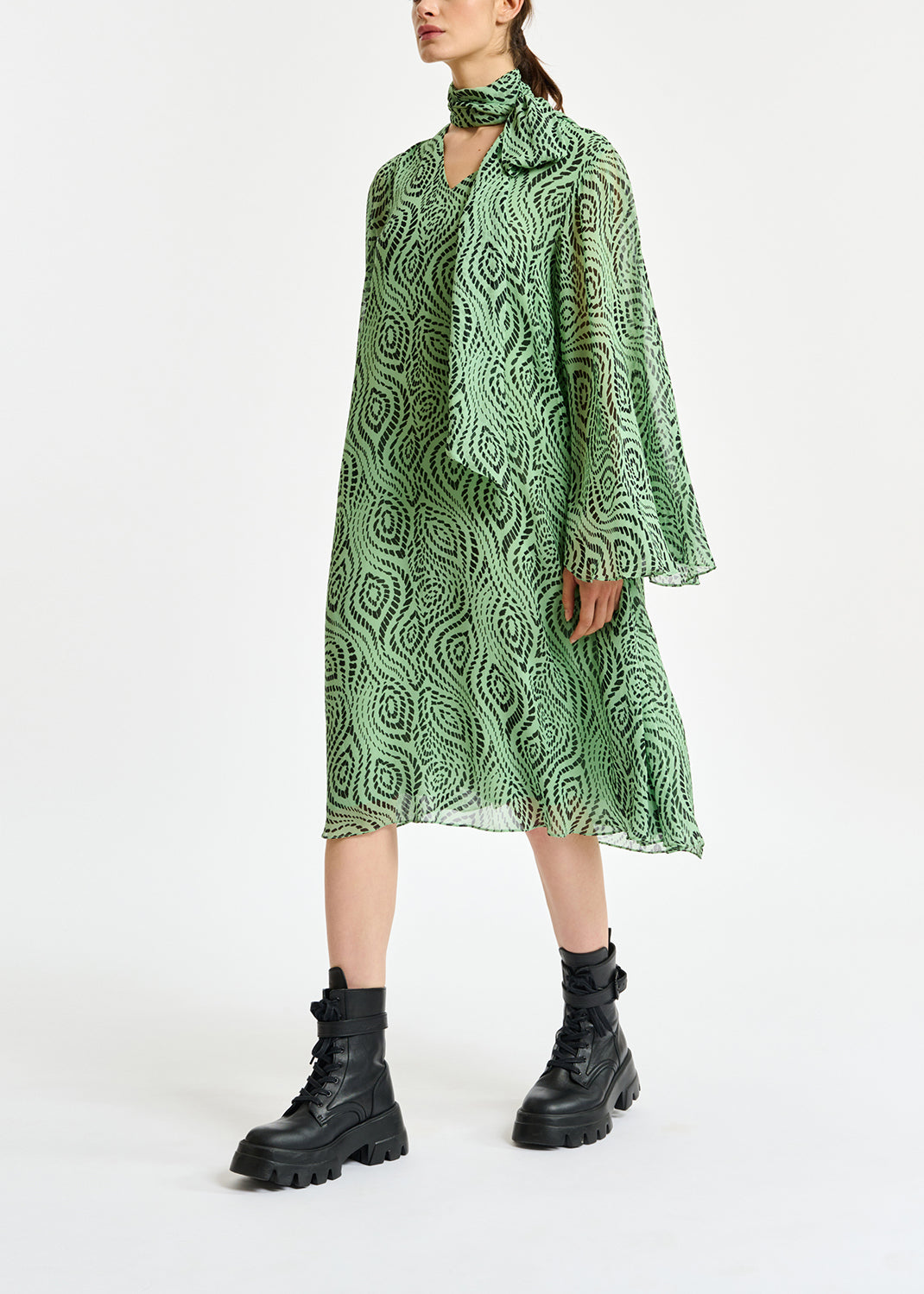 Mint green midi-length dress with geometric print RE—SSENTIEL | Essentiel second hand