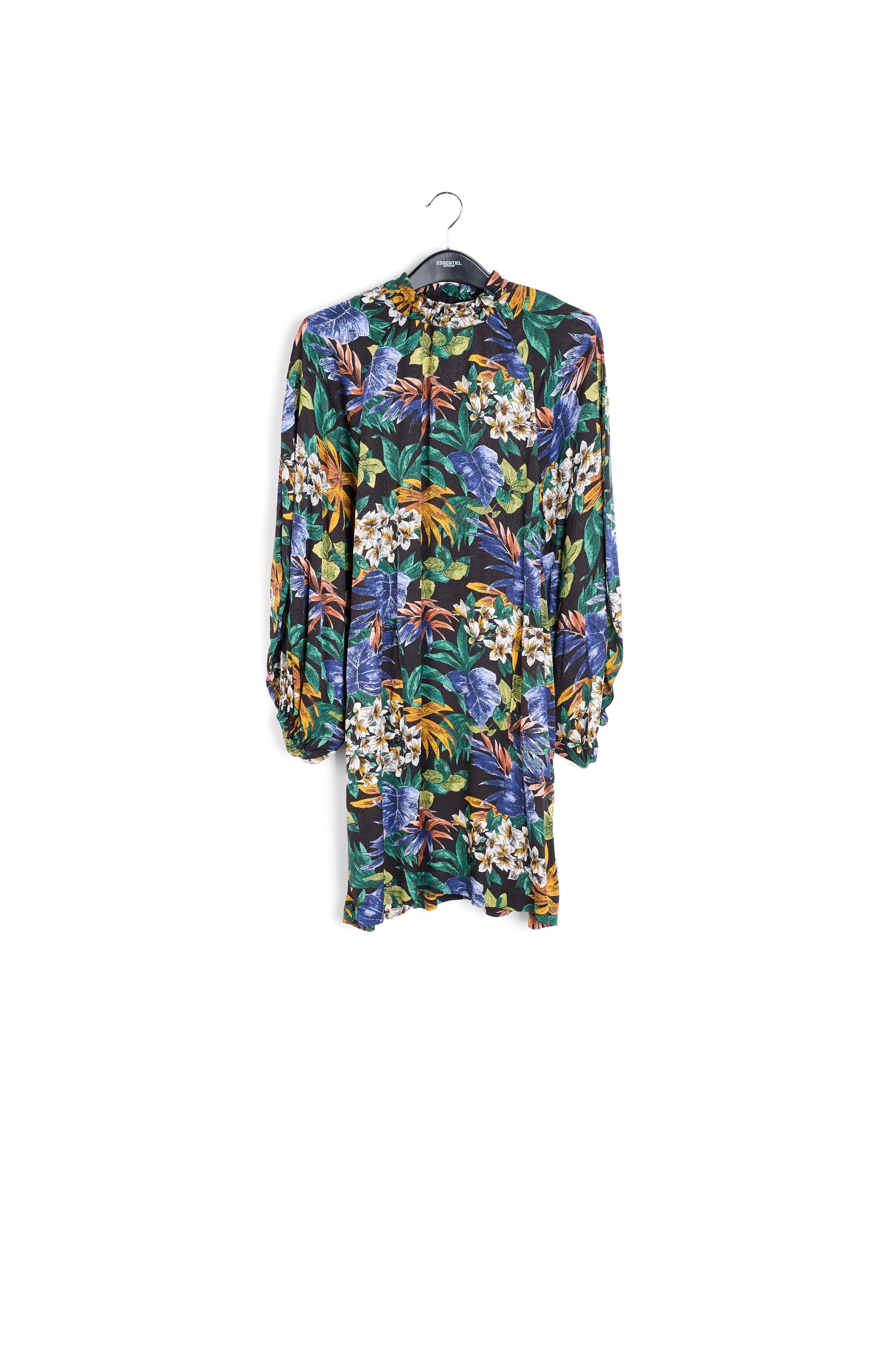 Black floral-print mini dress with pussy-bow RE—SSENTIEL | Essentiel second hand