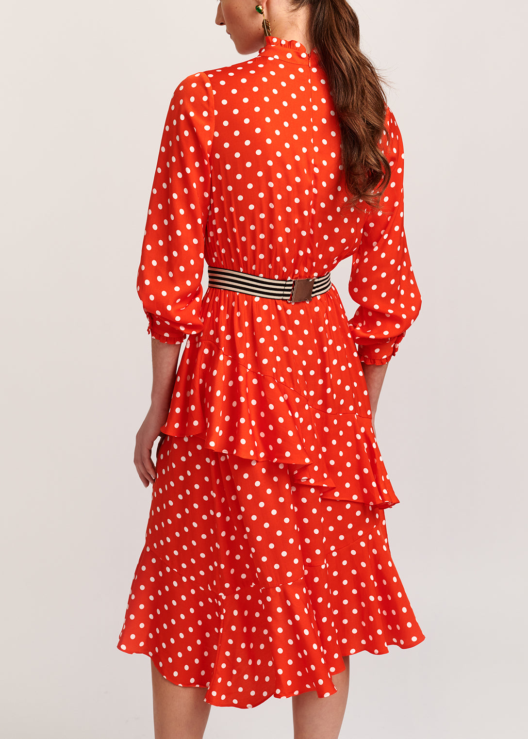 Red polka dot ruffled midi dress RE—SSENTIEL | Essentiel second hand