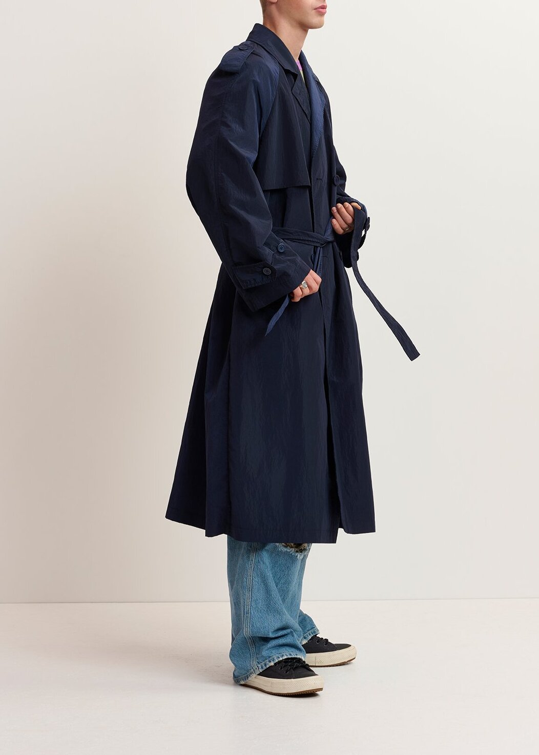 Navy blue double-breasted trench coat RE—SSENTIEL | Essentiel second hand