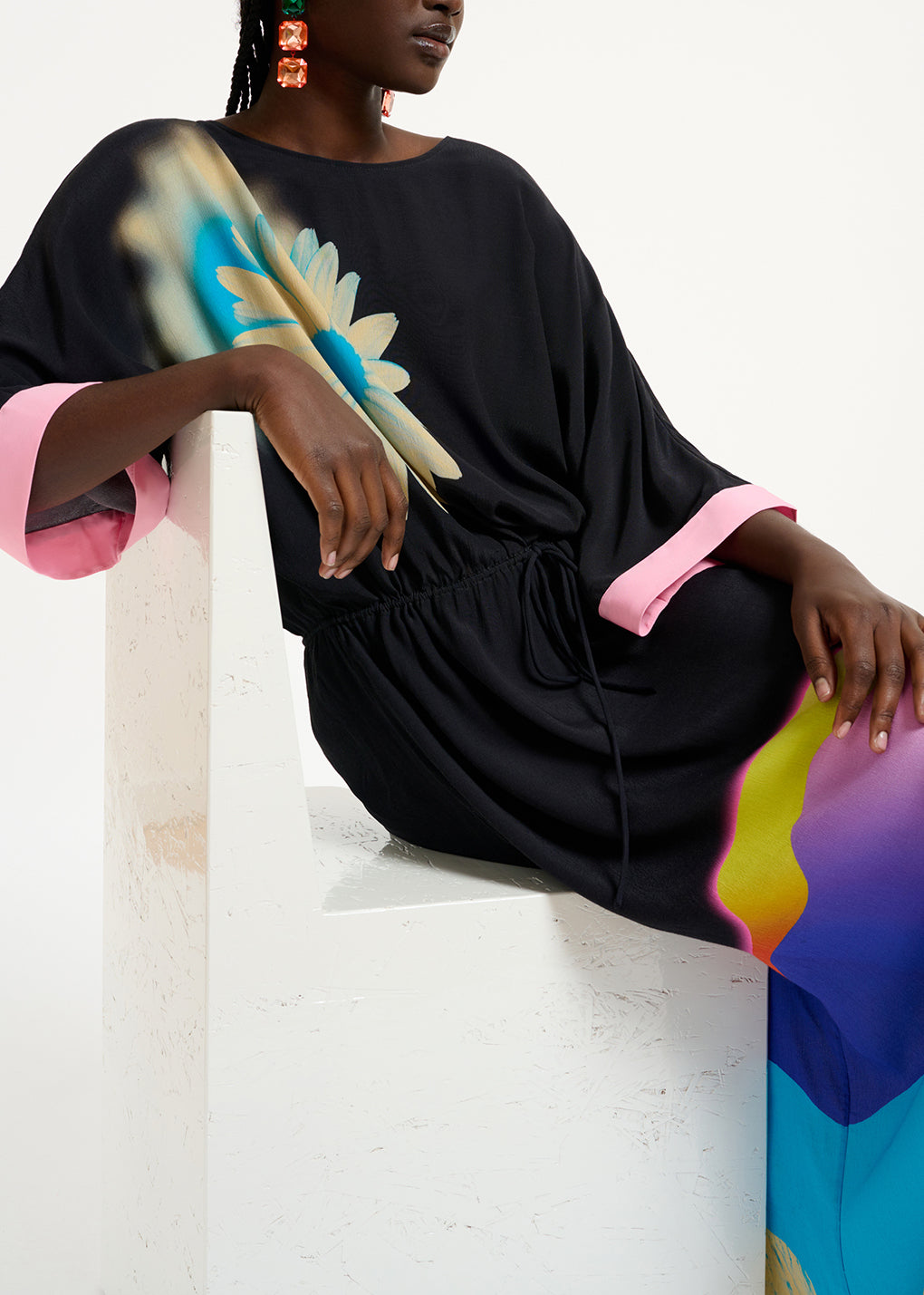 Black midi-length dress with multicolor print RE—SSENTIEL | Essentiel second hand