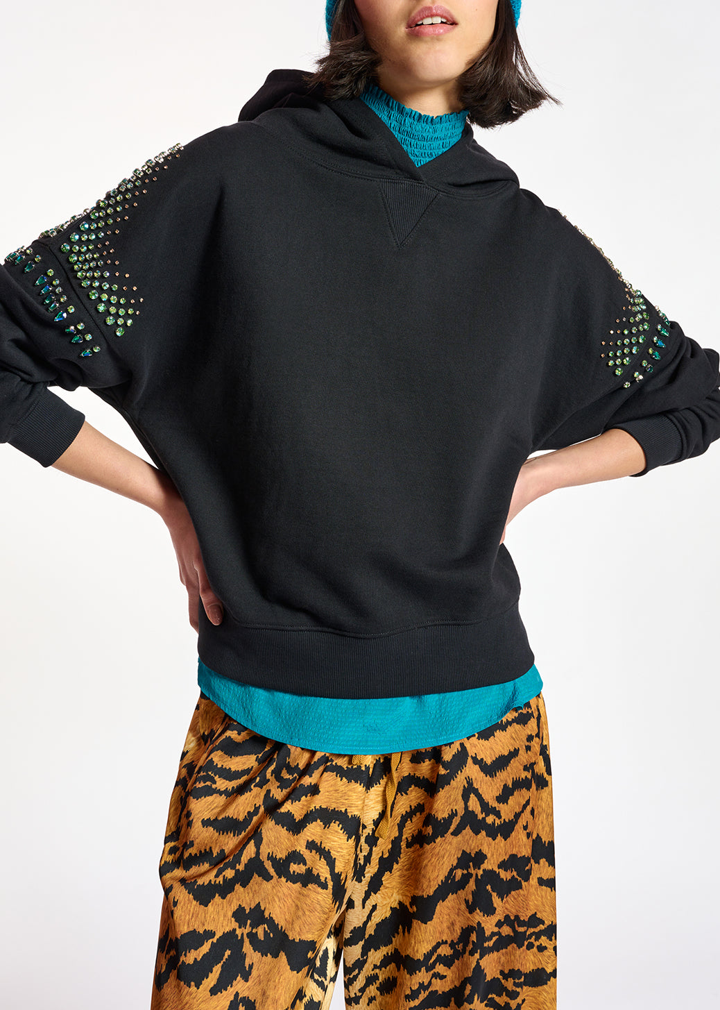 Black hoodie with colorful rhinestone embellishments RE—SSENTIEL | Essentiel second hand