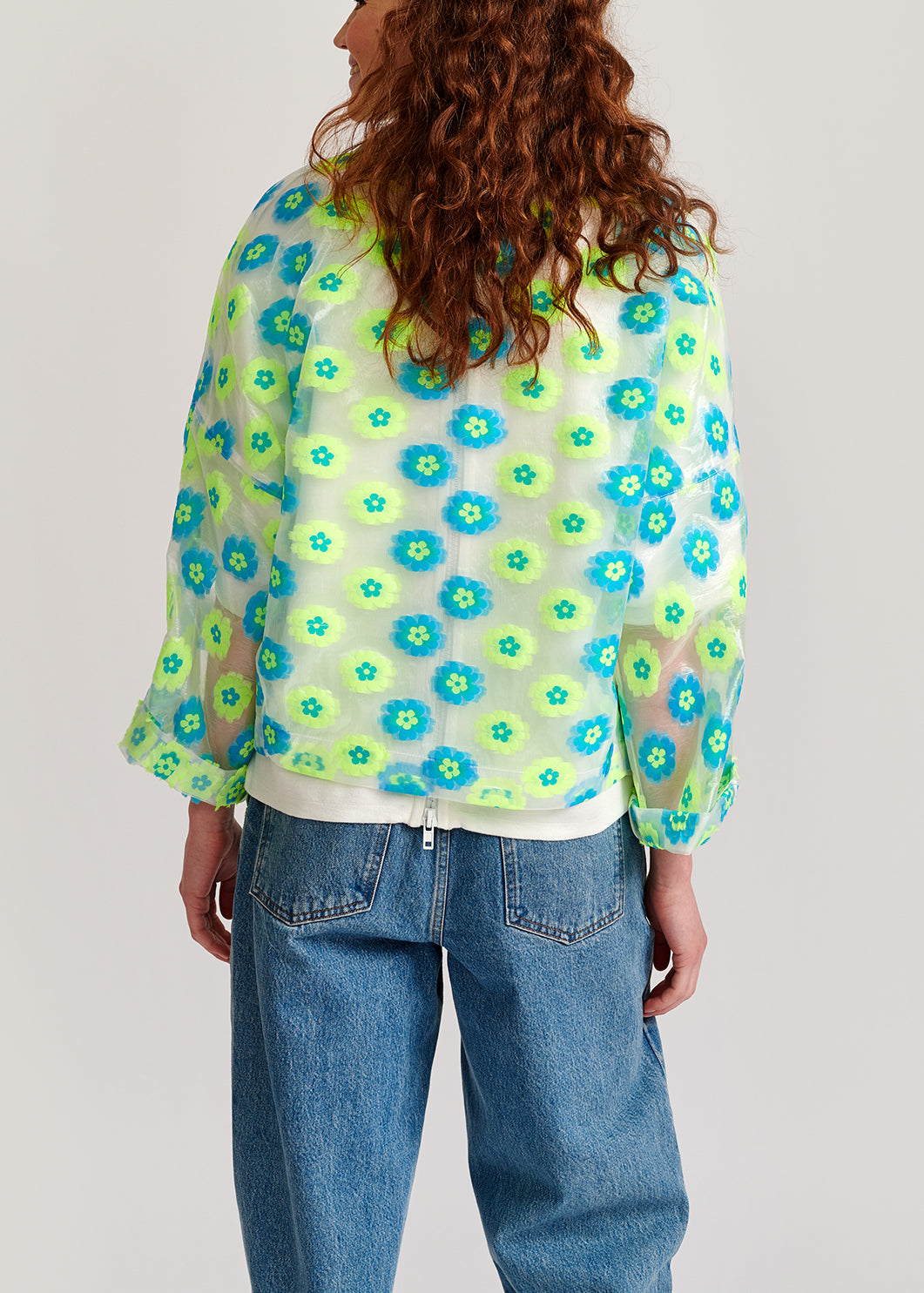 Neon green and blue floral-print see-through jacket RE—SSENTIEL | Essentiel second hand