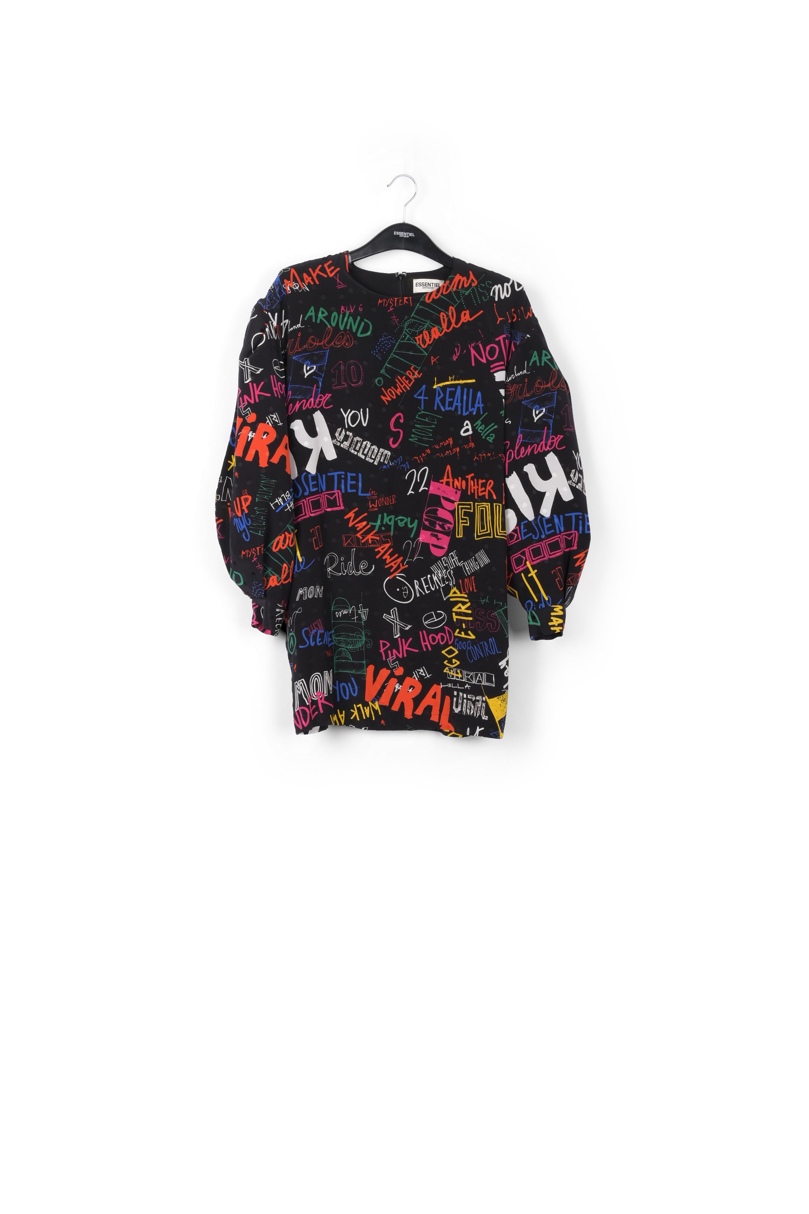 Mini robe en jacquard de soie noire avec texte RE—SSENTIEL | Essentiel second hand