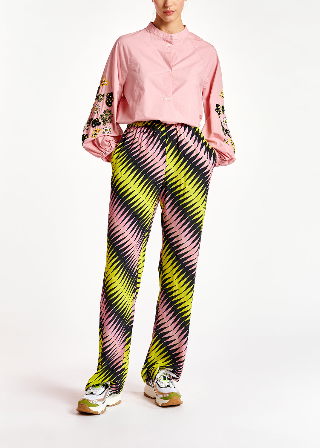 Pantalon à imprimé graphique rose, noir et jaune RE—SSENTIEL | Essentiel second hand