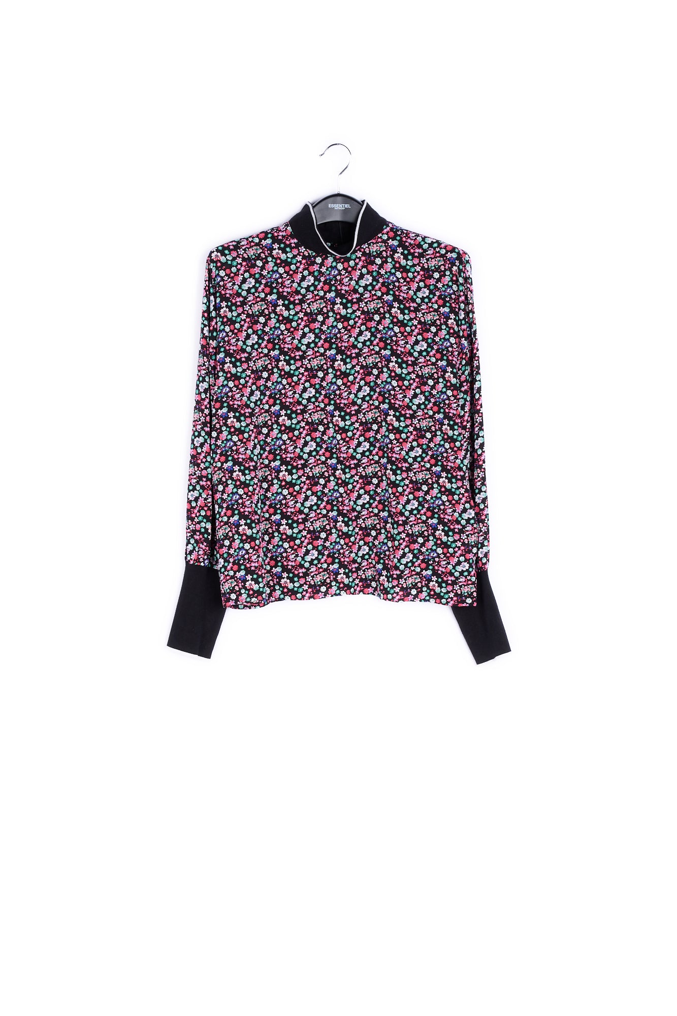 Black floral-print top with contrasting trims RE—SSENTIEL | Essentiel second hand