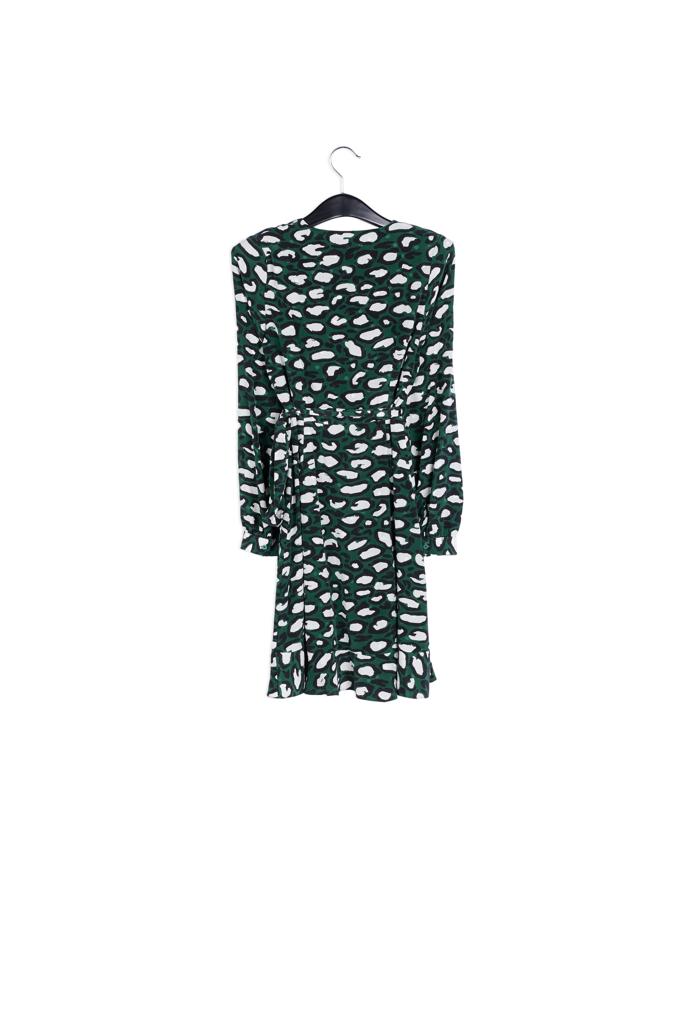 Kakigroene zijden wikkeljurk met luipaardprint RE—SSENTIEL | Essentiel second hand