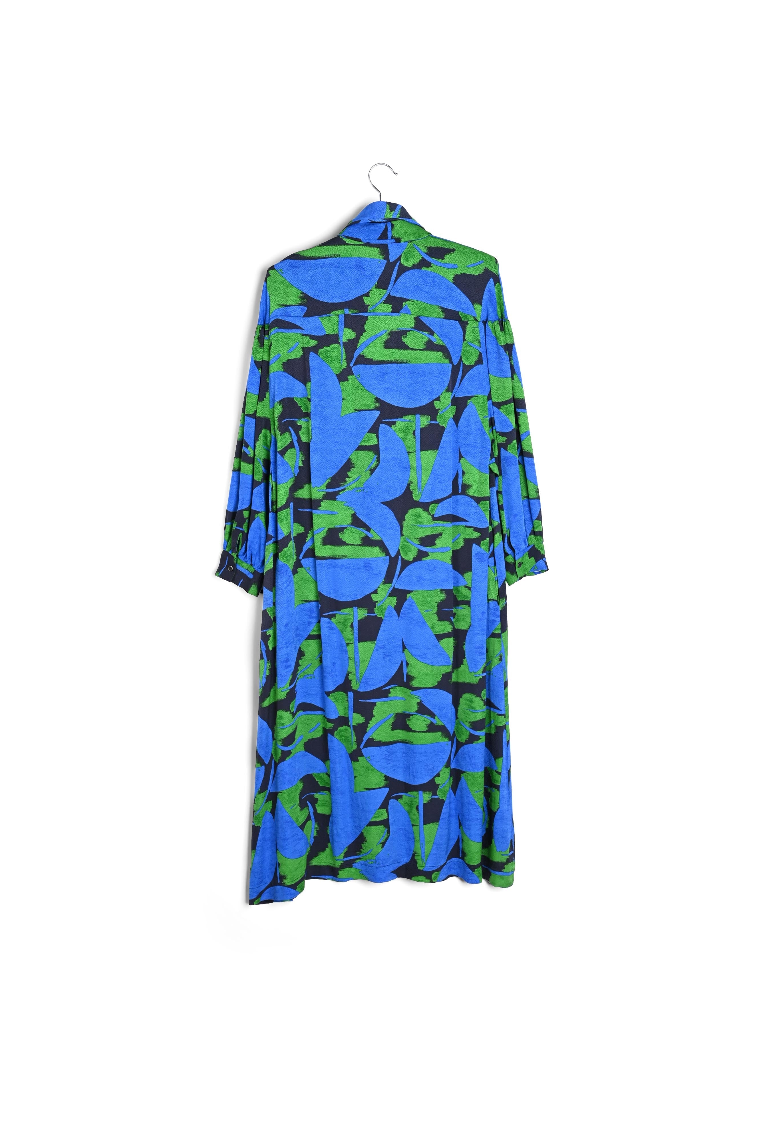 Midi-jurk met abstracte print in blauw, zwart en groen RE—SSENTIEL | Essentiel second hand
