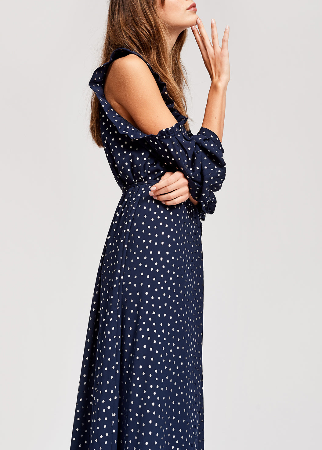 Dark blue open shoulder midi dress with silver polka dots RE—SSENTIEL | Essentiel second hand