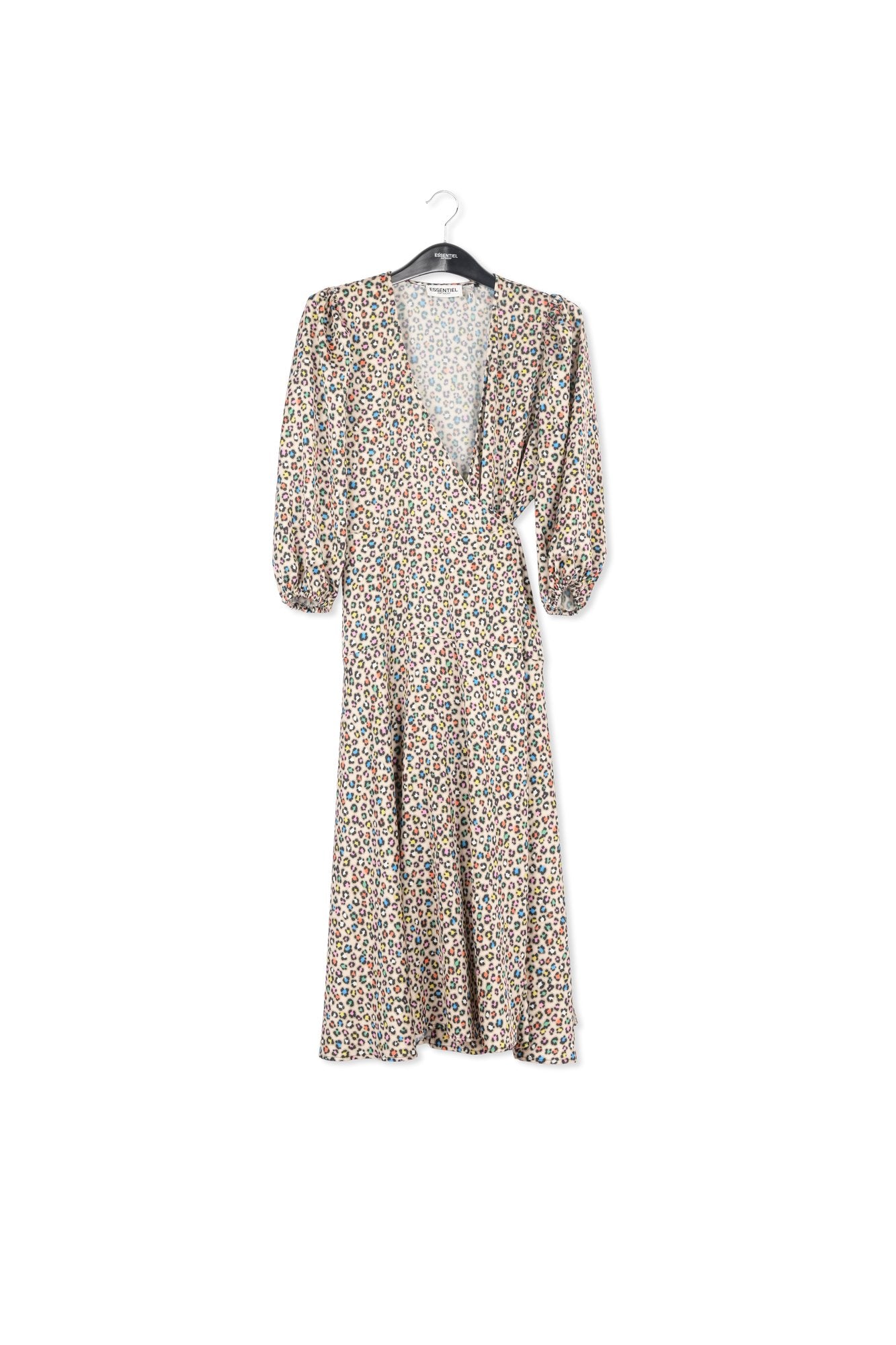 Beige midi-length wrap dress with multicolor leopard print RE—SSENTIEL | Essentiel second hand