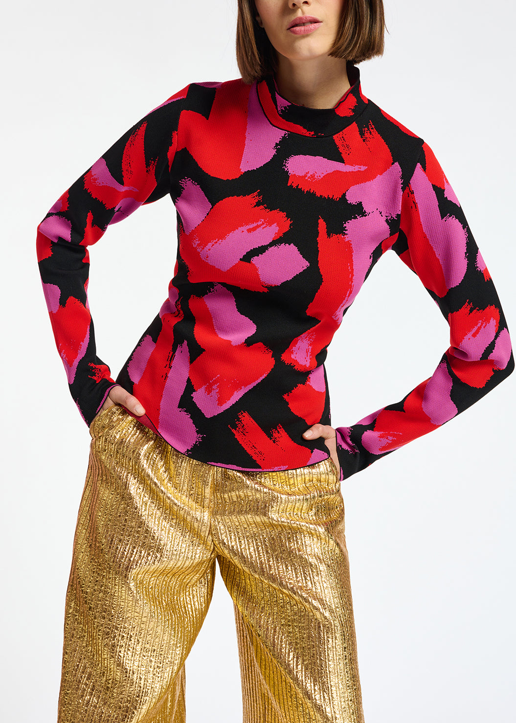 Pull en tricot jacquard noir, rouge et fuchsia RE—SSENTIEL | Essentiel second hand