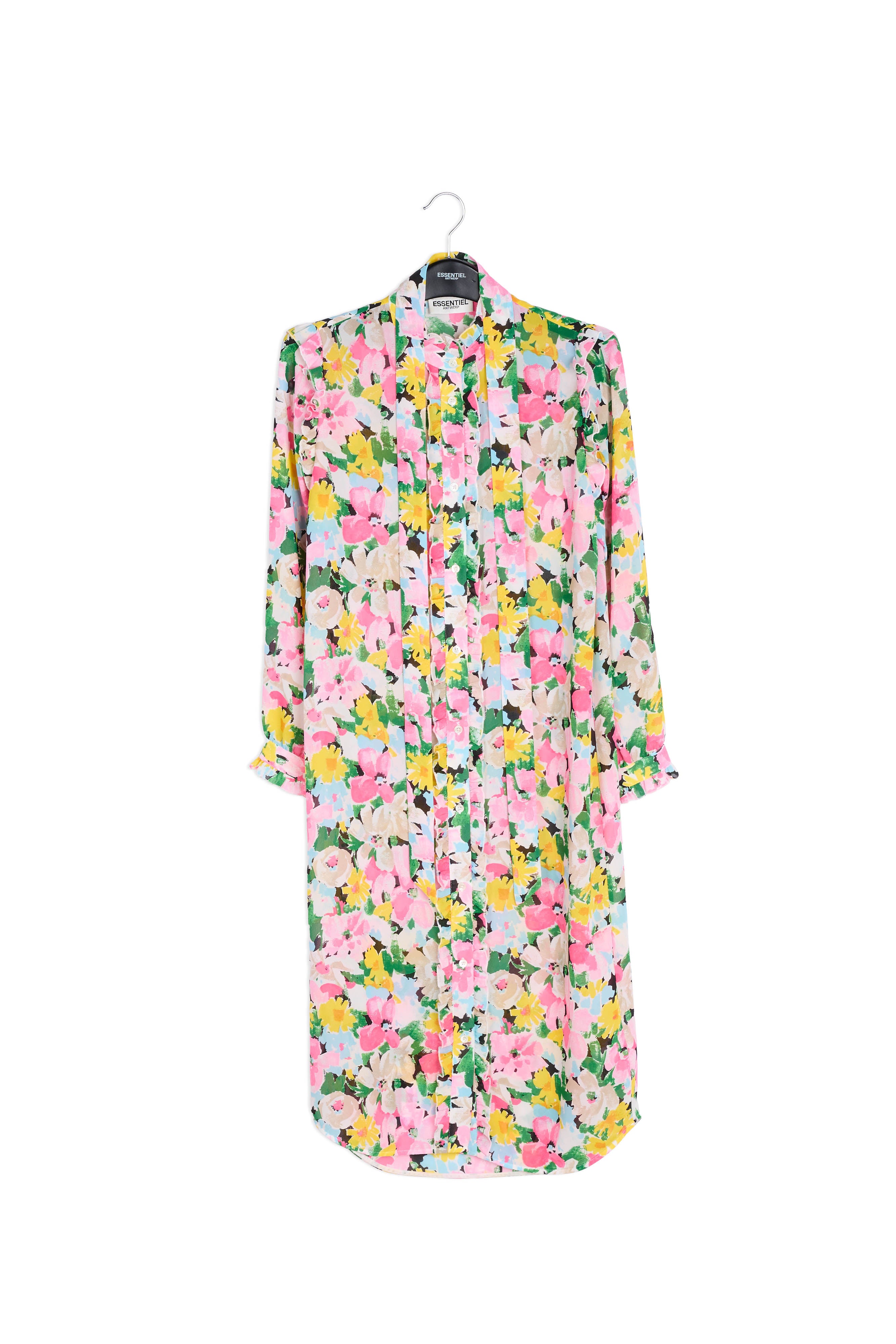 Kleurrijke hemdjurk met bloemen en ruches RE—SSENTIEL | Essentiel second hand